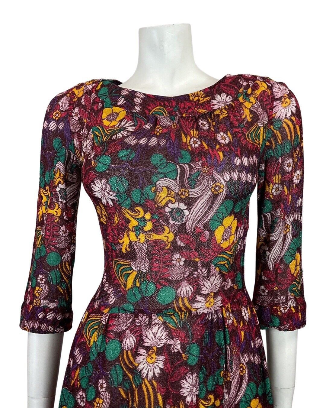 VINTAGE 70s 90s PURPLE GREEN YELLOW PSYCHEDELIC FLORAL LUREX SKATER DRESS 8