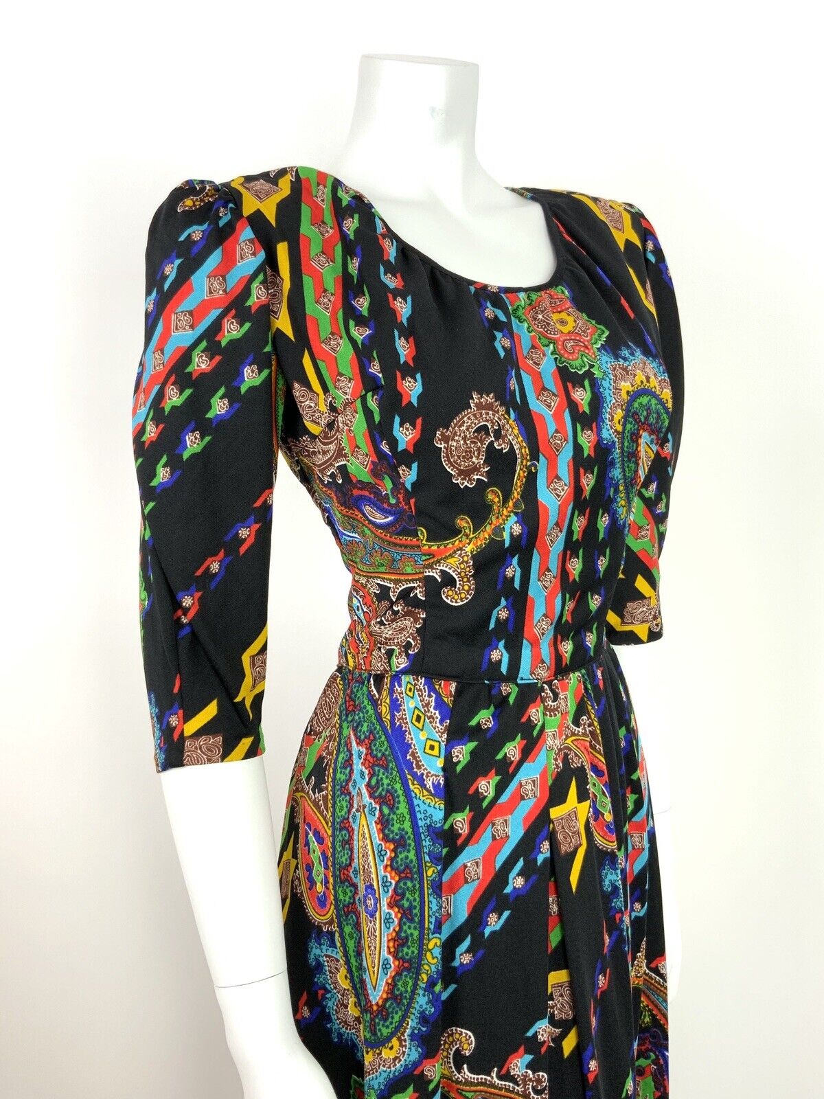 VINTAGE 60s 70s PAISLEY PSYCHEDELIC BLACK YELLOW BLUE RED GREEN MAXI DRESS 8
