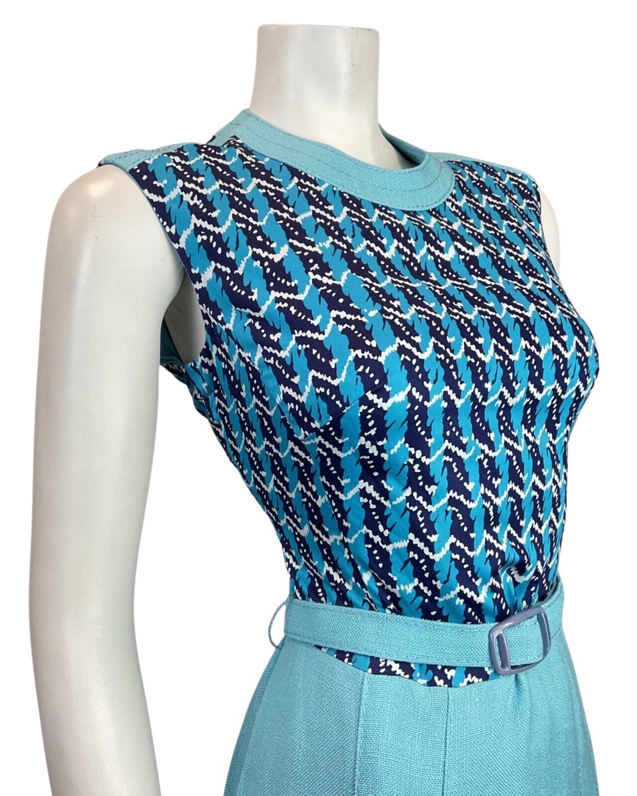 VINTAGE 60s 70s BLUE NAVY WHITE STRIPED ZIG-ZAG MOD BELTED DRESS 10 12
