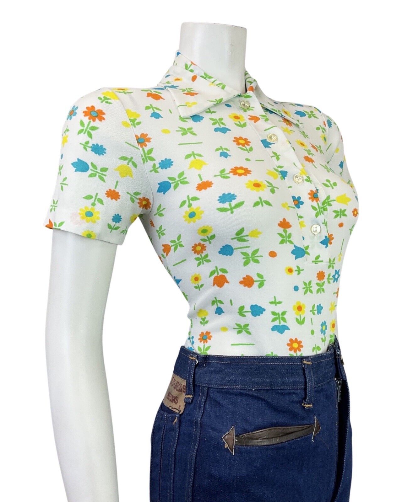 VINTAGE 60s 90s WHITE ORANGE GREEN DAISY TULIP FLORAL MOD SHIRT BODYSUIT 8 10