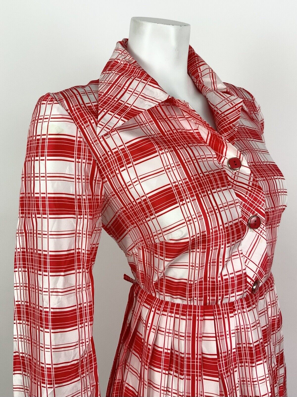 VINTAGE 60s 70s RED WHITE CHECKED PLAID MOD DAGGER COLLAR SHIRT DRESS 12