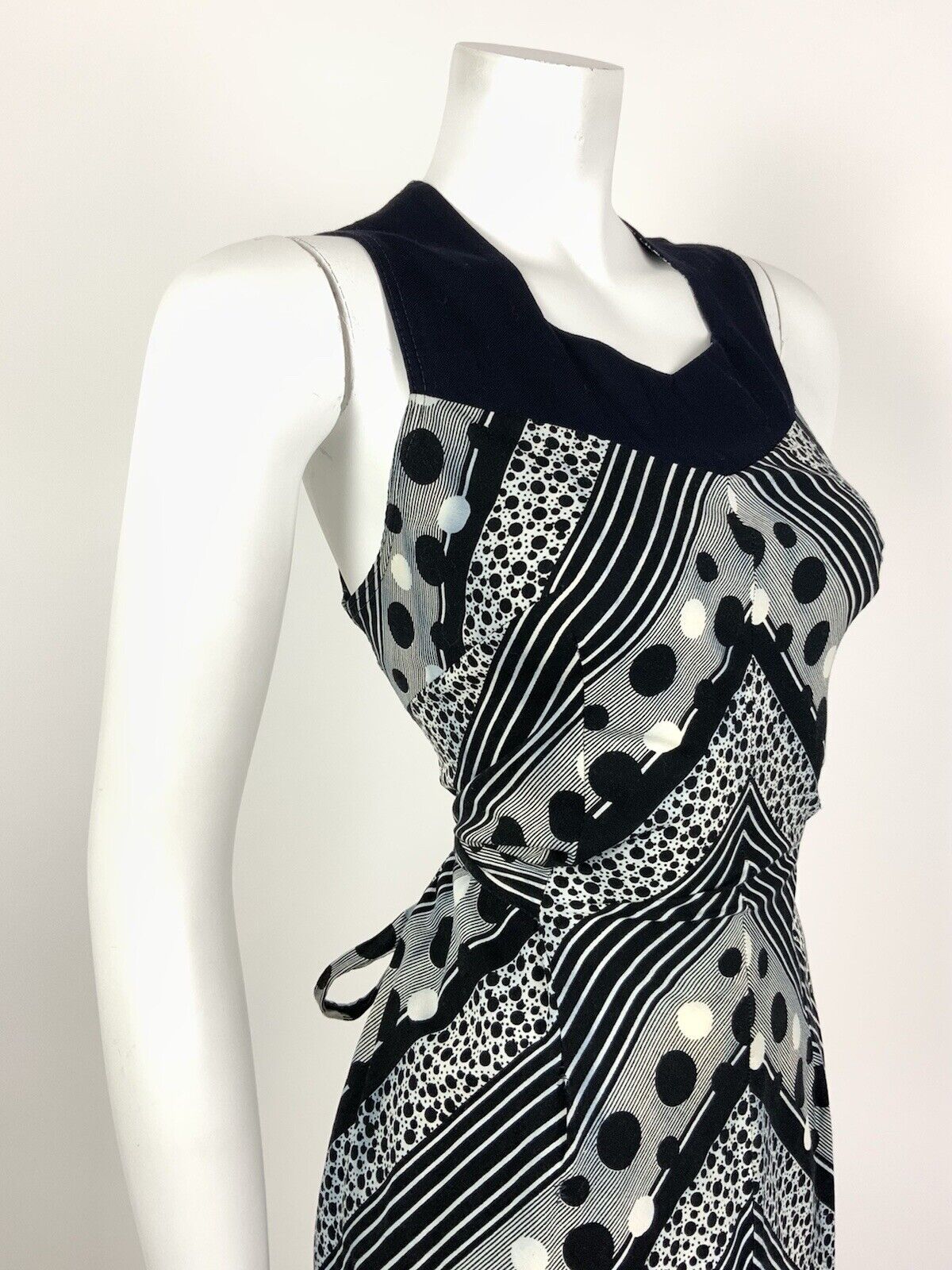 VTG 60s 70s BLACK WHITE STRIPED DOTTY GEOMETRIC FOLK BOHO RUFFLED DRESS 10 12