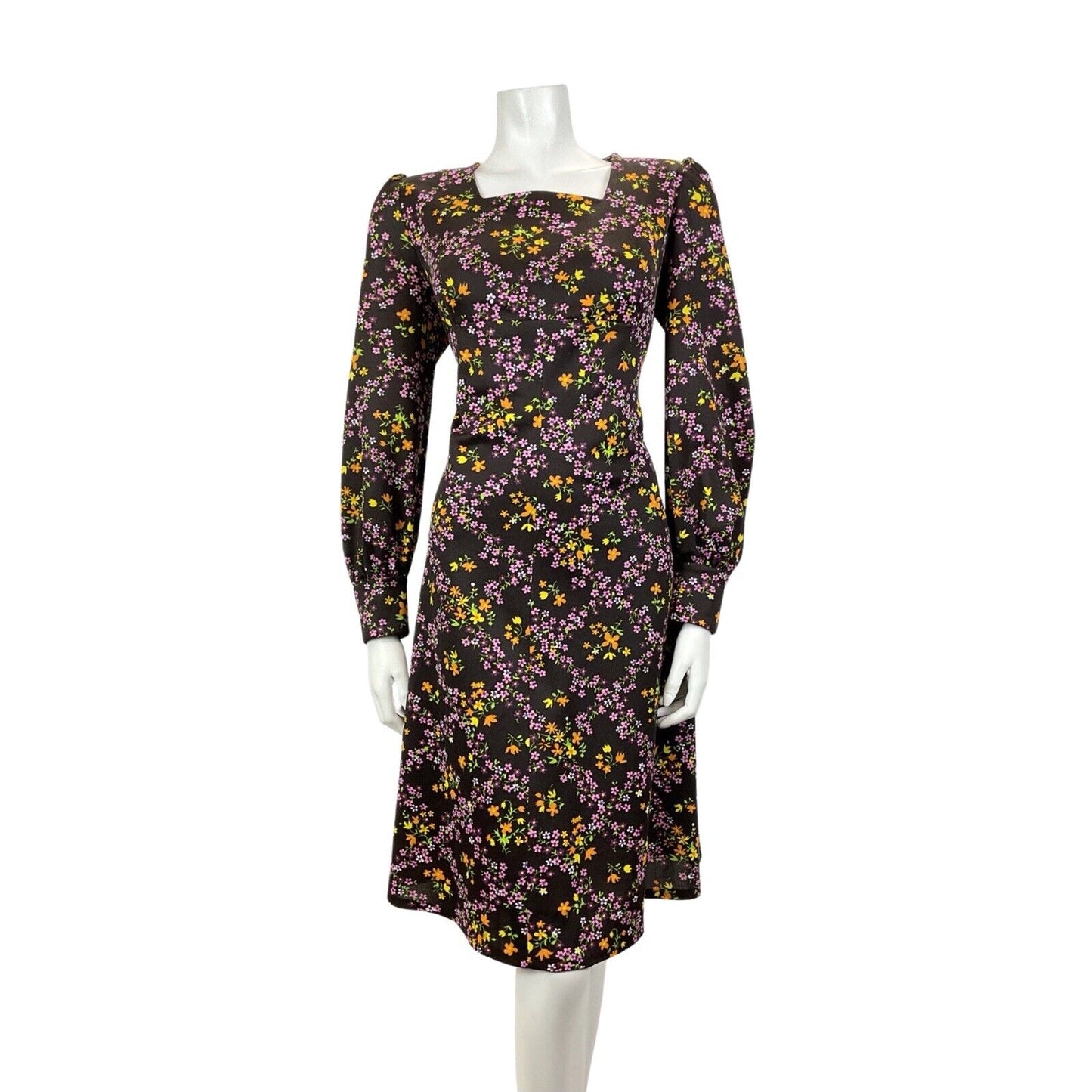 VINTAGE 60s 70s BROWN PURPLE GREEN FLORAL DITSY CHECKED EMPIRE LINE MOD DRESS 16