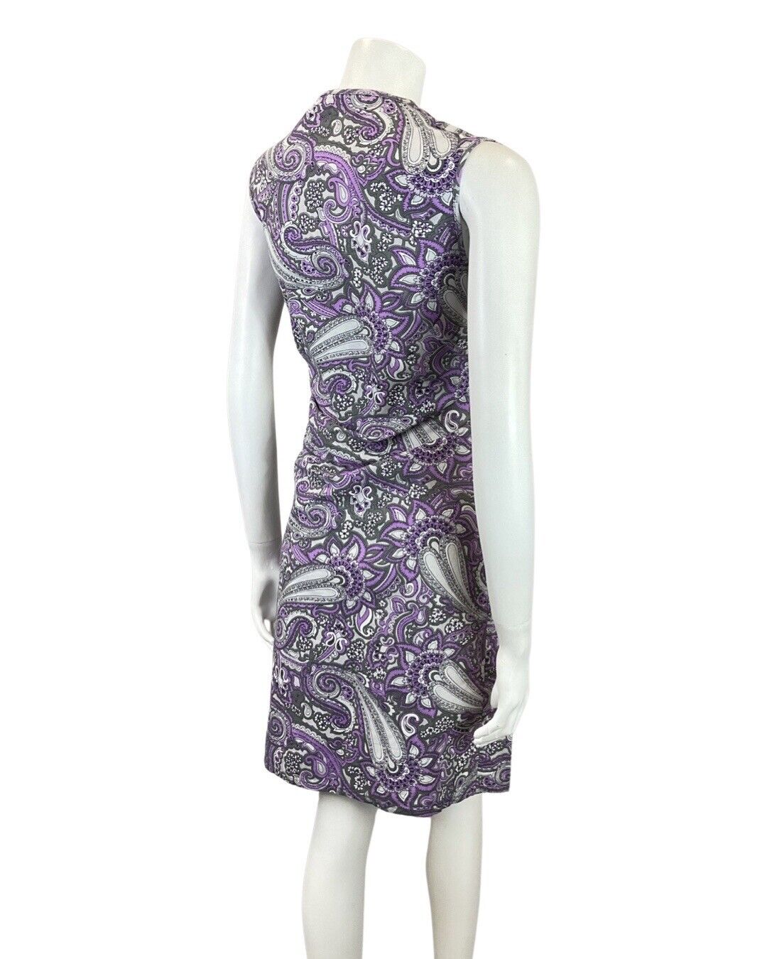 VINTAGE 60s 70s PURPLE GREY WHITE PSYCHEDELIC MANDALA FLORAL SLEEVELESS 12 14
