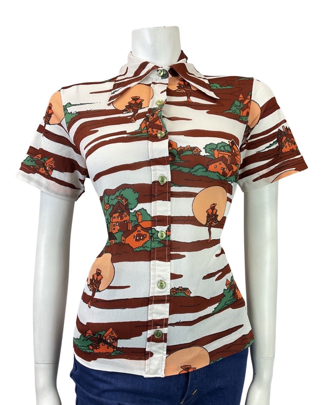 VINTAGE 60s 70s WHITE BROWN GREEN VILLAGE TREE DANCER FOLK DAGGER SHIRT 16 18