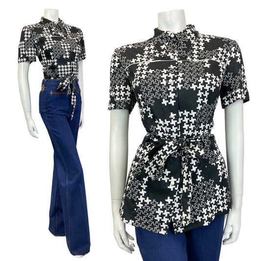 VINTAGE 60s 70s BLACK WHITE GEOMETRIC MOD BELTED DAGGER COLLAR SHIRT 12 14
