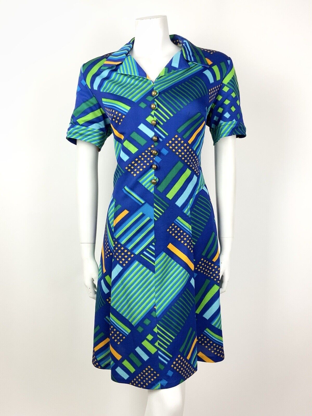 VINTAGE 60s 70s BLUE GREEN ORANGE GOLD GEOMETRIC STRIPED MOD SHIRT DRESS 16