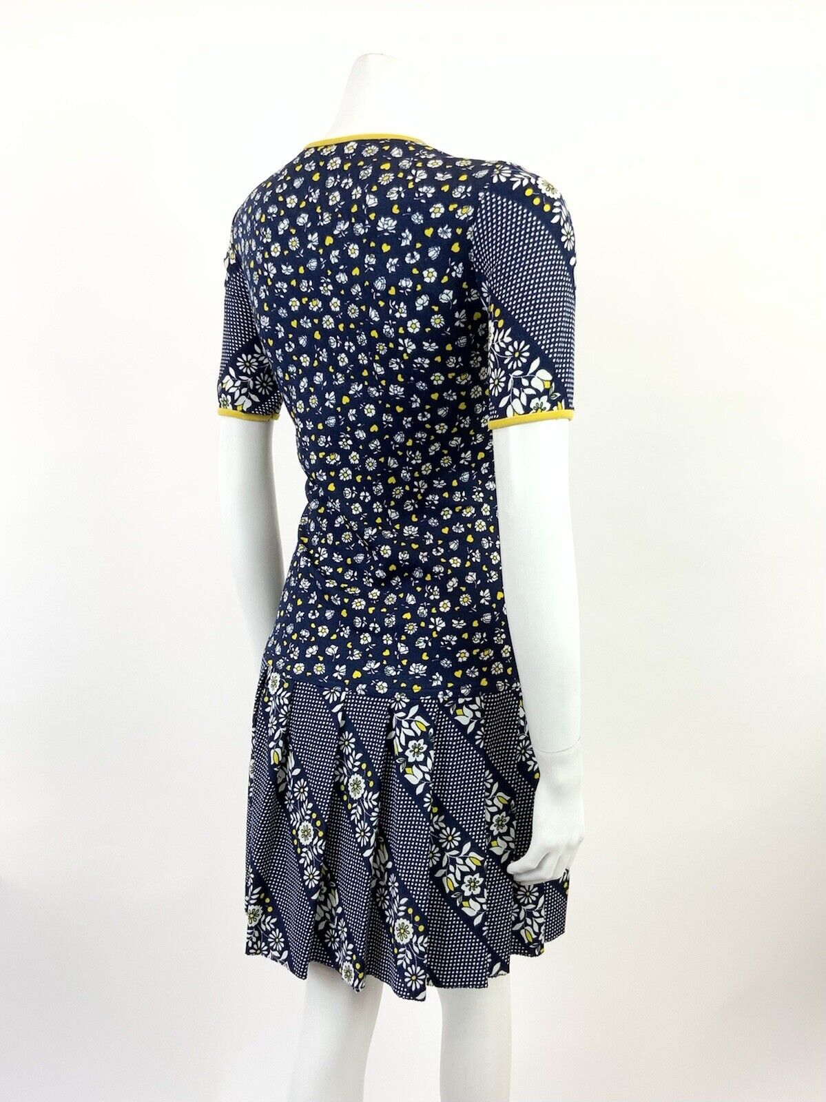VINTAGE 60s 70s BLUE WHITE YELLOW FLORAL POLKA DOT LOVE HEART MOD DRESS 12