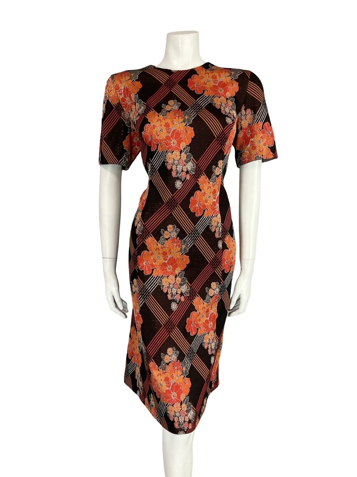 VTG MOD 60S BLACK ORANGE SILVER GLITTER FLORAL CHECKED PARTY MIDI DRESS 16