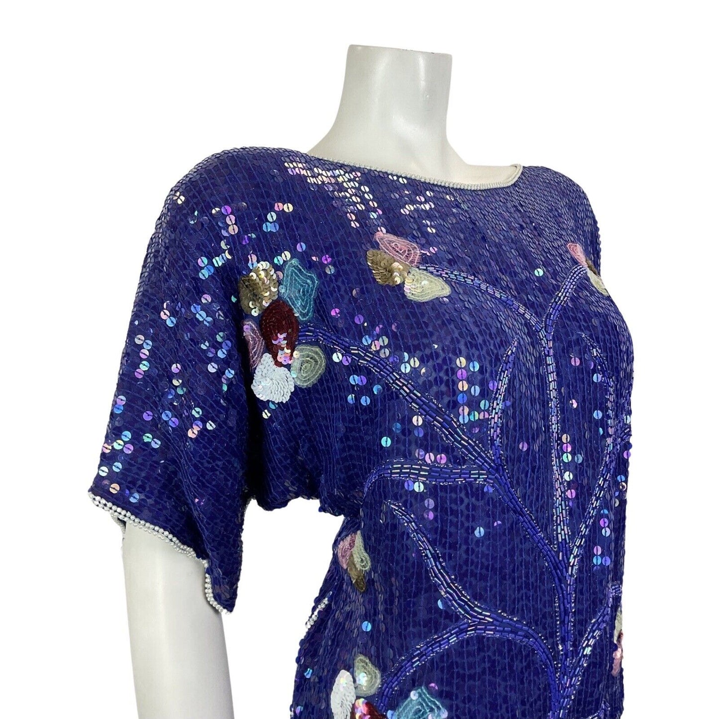 VINTAGE 60s 70s BLUE WHITE PINK GOLD SEQUIN BEADED FLORAL TREE DISCO TOP 14 16