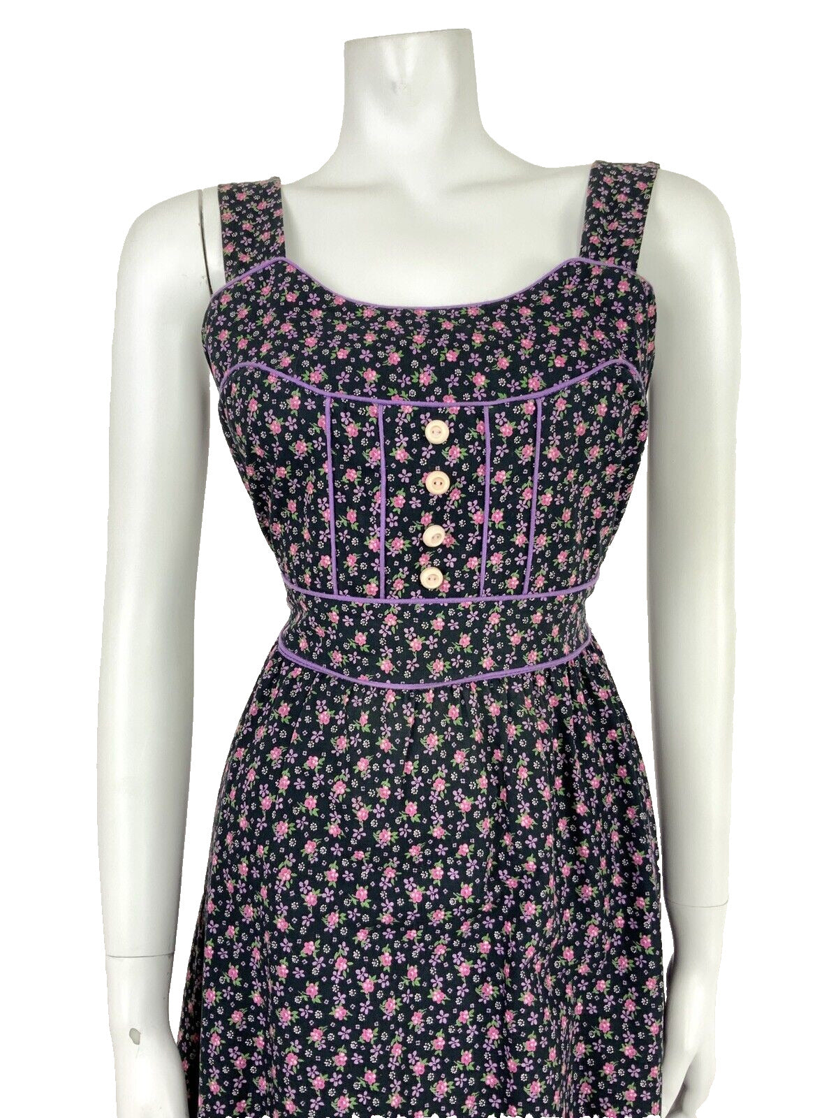 VTG 60s 70s BLACK PINK PURPLE WHITE GREEN FLORAL DITSY FOLK PRAIRIE DRESS 8 10