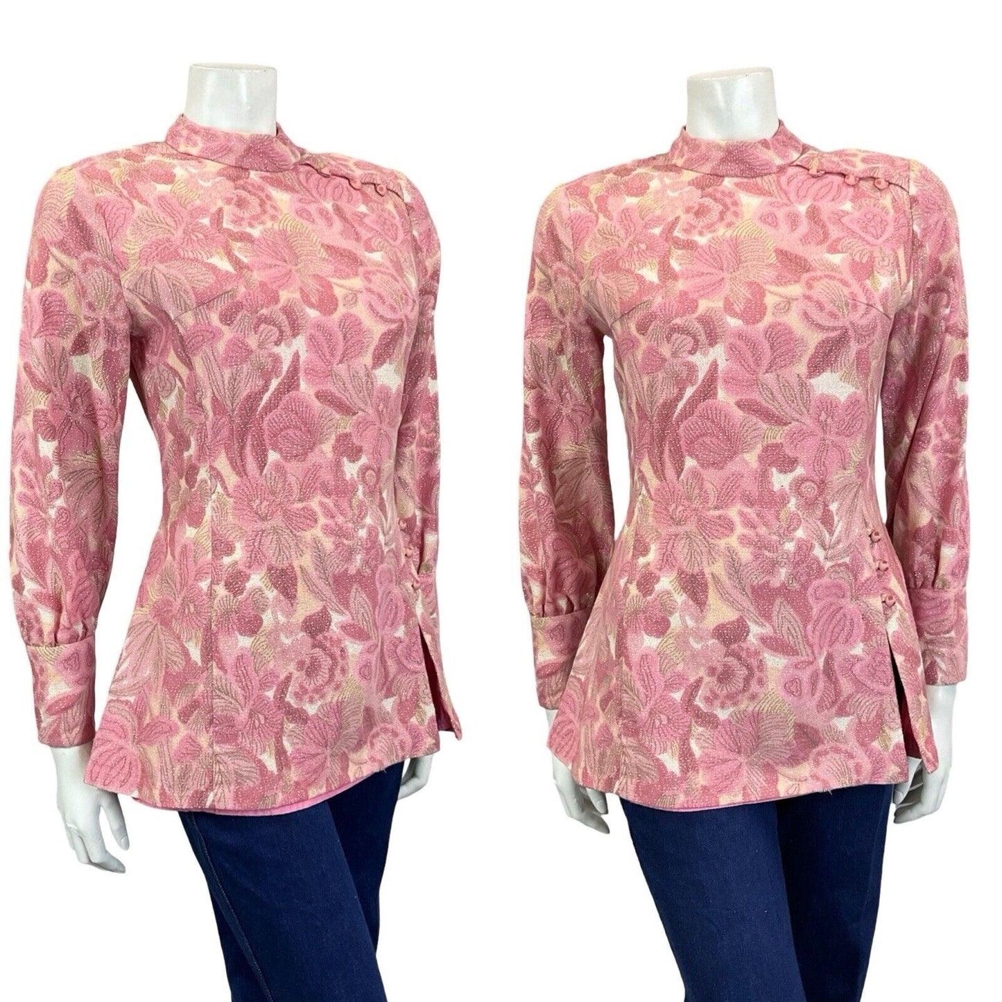 VTG 60S HIPPY PINK CREAM SPARKLING HIGH NECK BISHOP SLEEVE TUNIC PARTY TOP 8