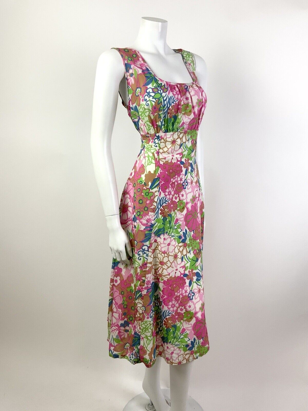 VINTAGE 60s 70s PINK WHITE GREEN BLUE PSYCHEDELIC FLORAL MOD EMPIRE DRESS 12 14