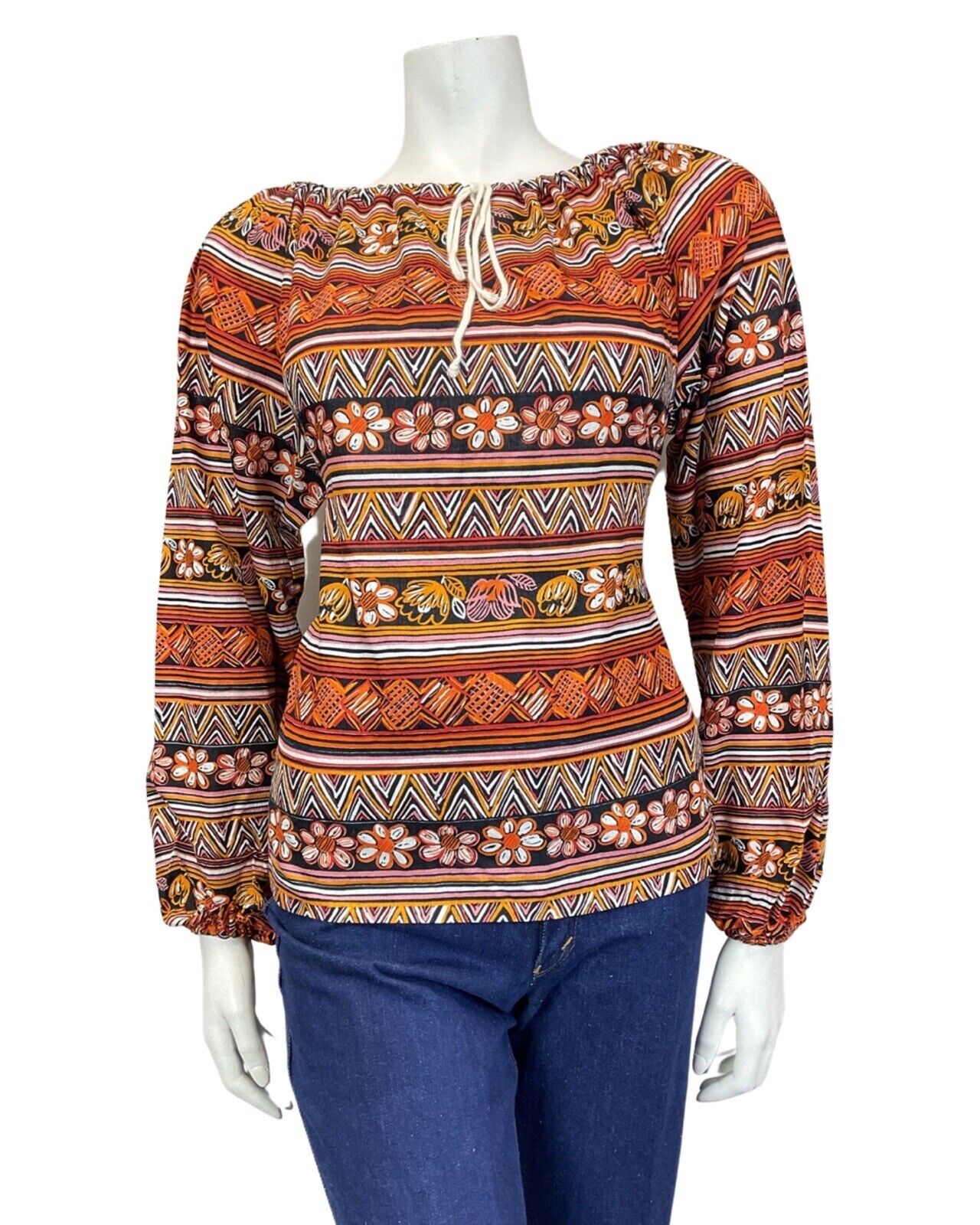 VINTAGE 70s RED YELLOW BLACK AZTEC FLORAL STRIPED BOHO LONG-SLEEVE BLOUSE 12 14