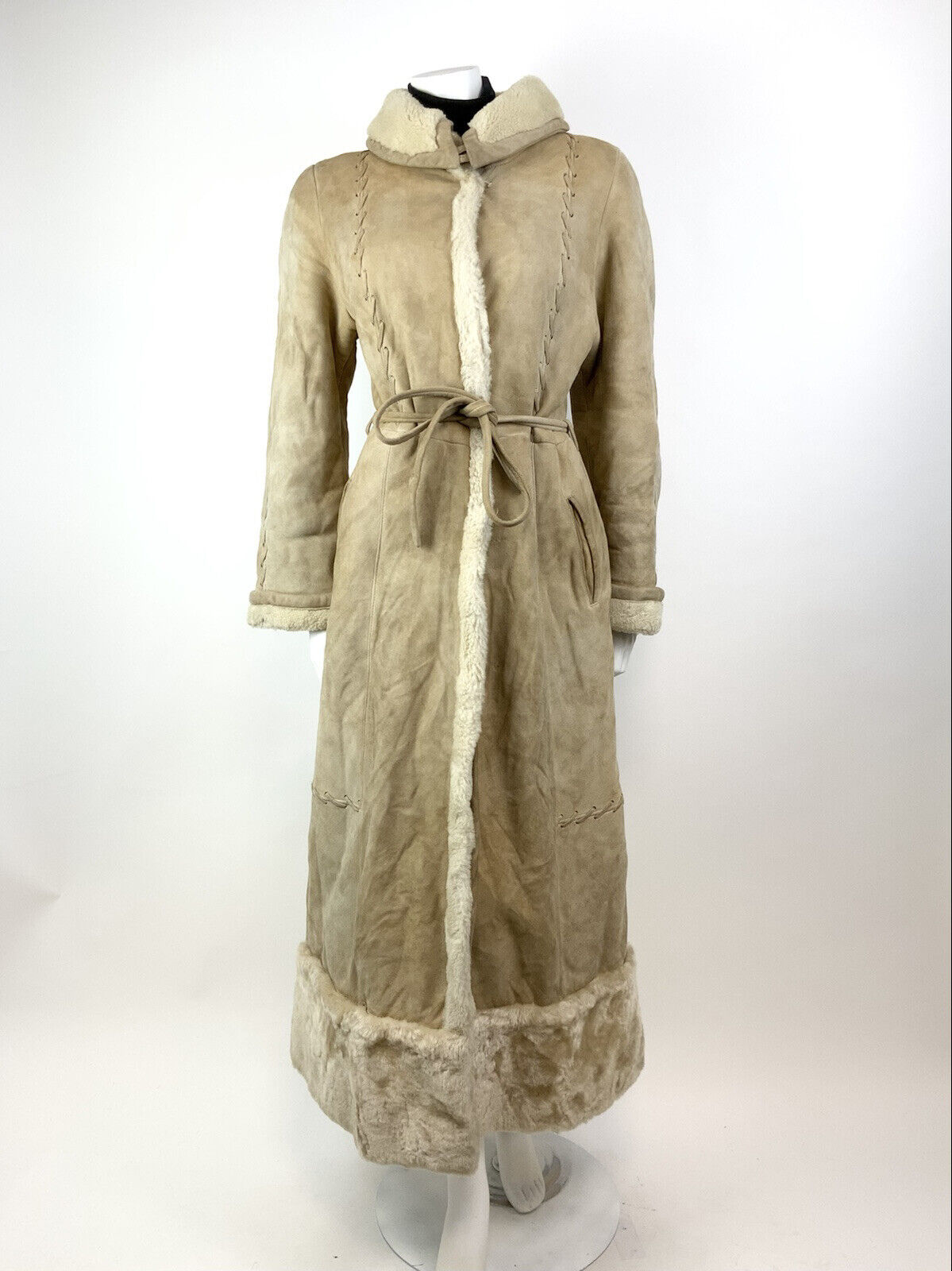 VINTAGE 60s 70s SAND CREAM SUEDE LEATHER SHEARLING BOHO FOLK PRINCESS COAT 10 12