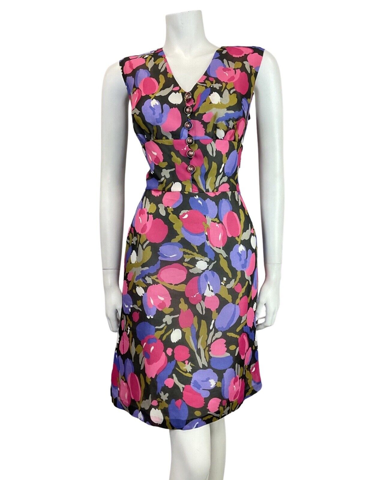 VINTAGE 60s 70s PURPLE PINK BLACK TULIP FLORAL SLEEVELESS MOD SHORT DRESS 10 12