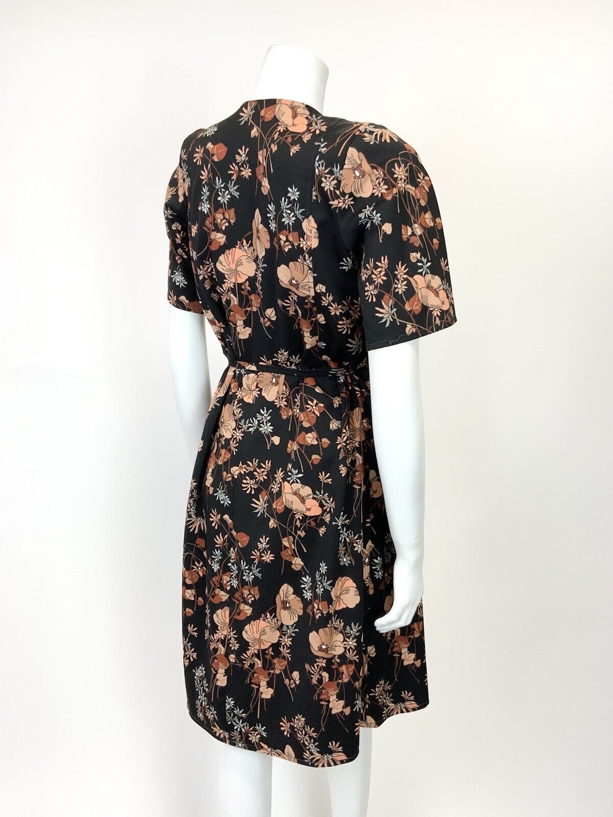 VTG 60s 70s BLACK PEACH BROWN BEIGE FLORAL LEAFY BELTED SHORT SLEEVE DRESS 12 14