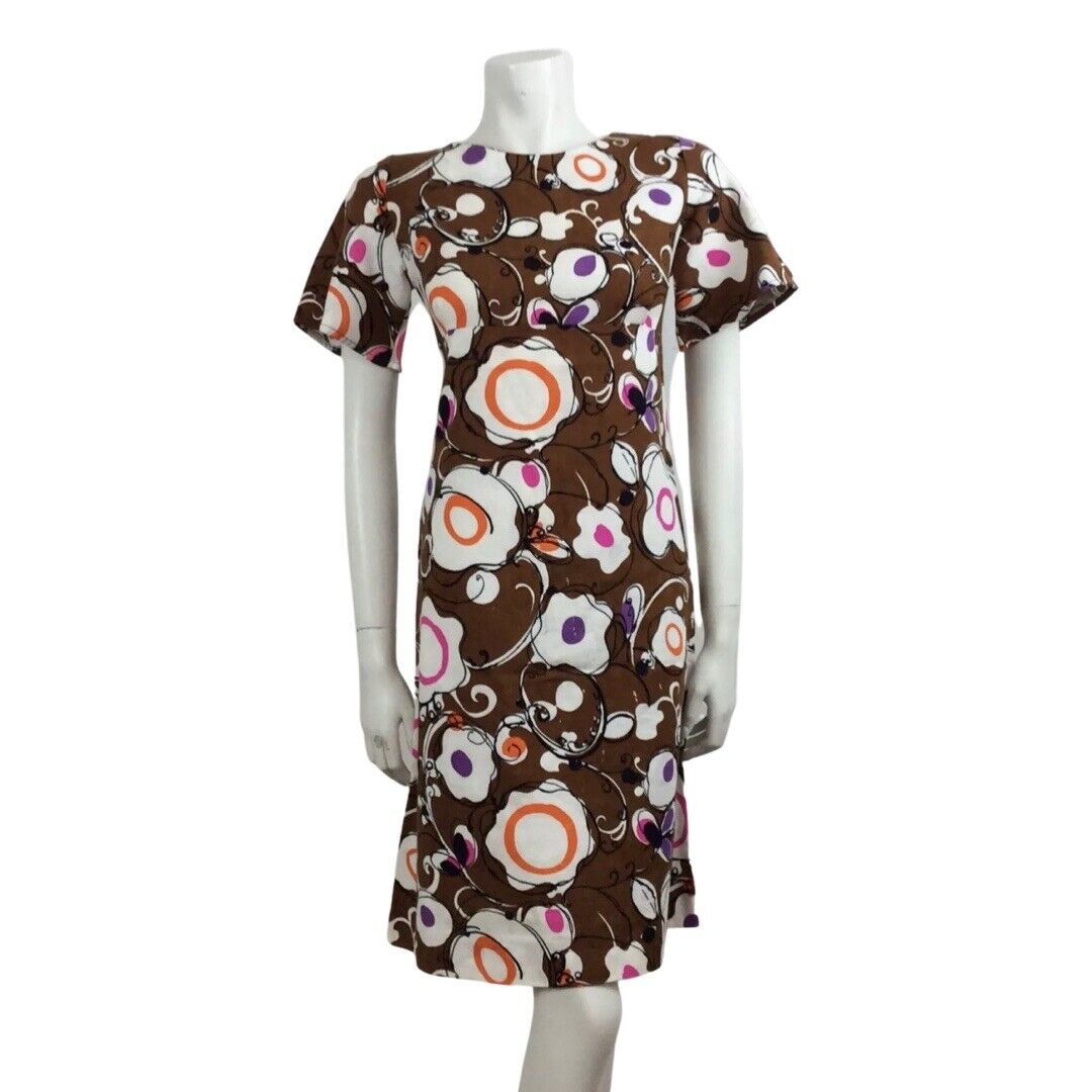 60S VINTAGE PSYCHEDELIC BROWN PURPLE PINK ORANGE DRESS 10 12