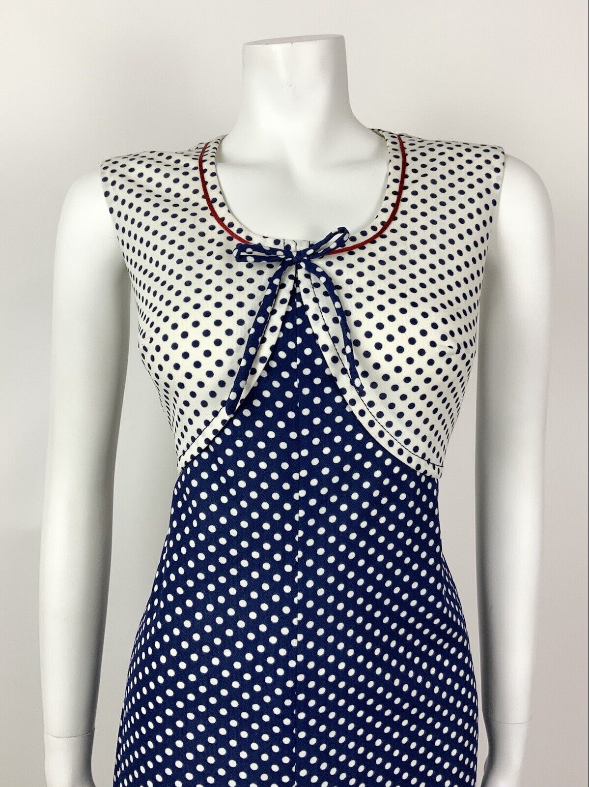 VINTAGE 60s 70s BLUE WHITE RED POLKA-DOT BOW MOD SLEEVELESS DRESS 12 14