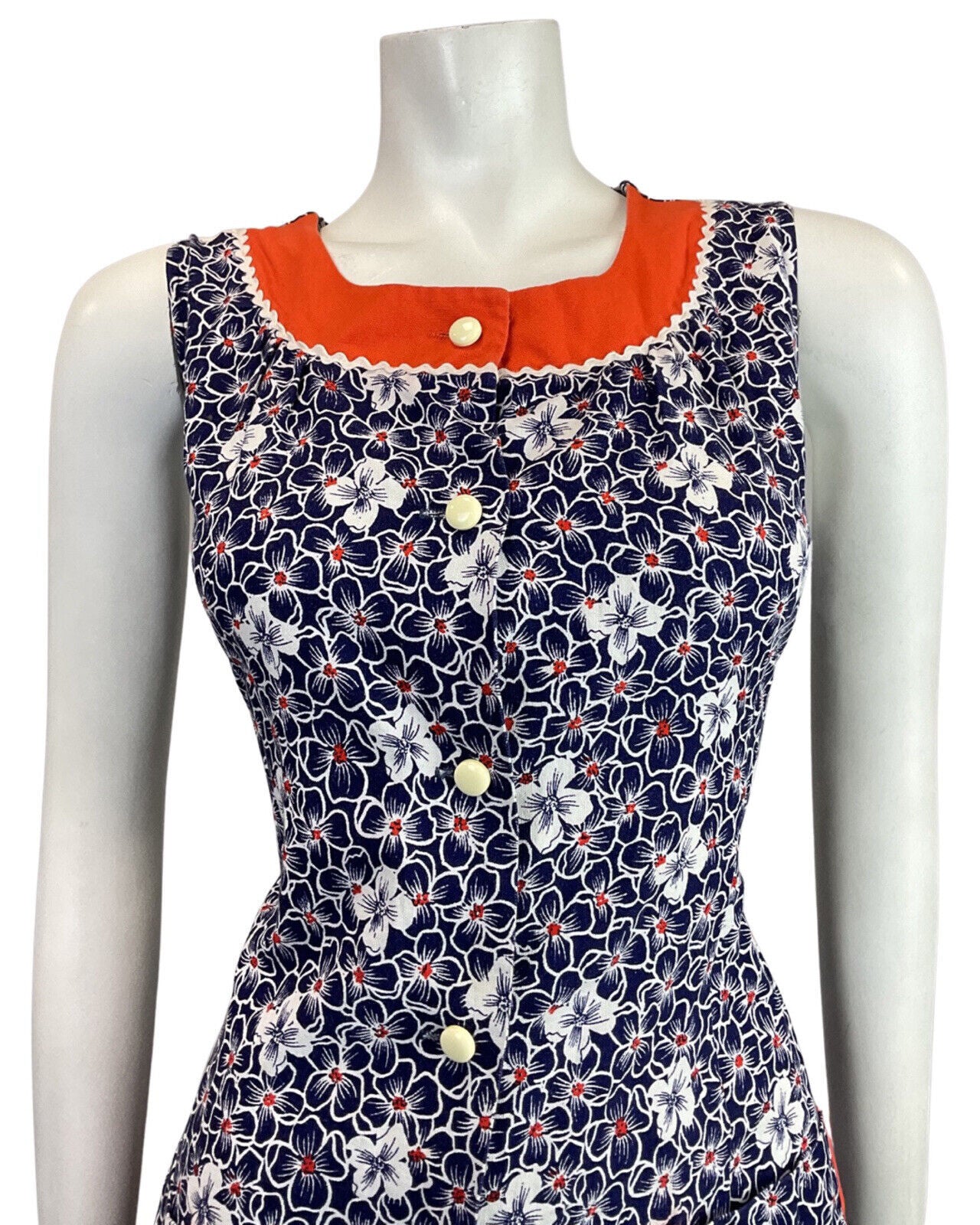 VINTAGE 60s 70s NAVY BLUE WHITE ORANGE RICRAC FLORAL SLEEVELESS MOD DRESS 10 12