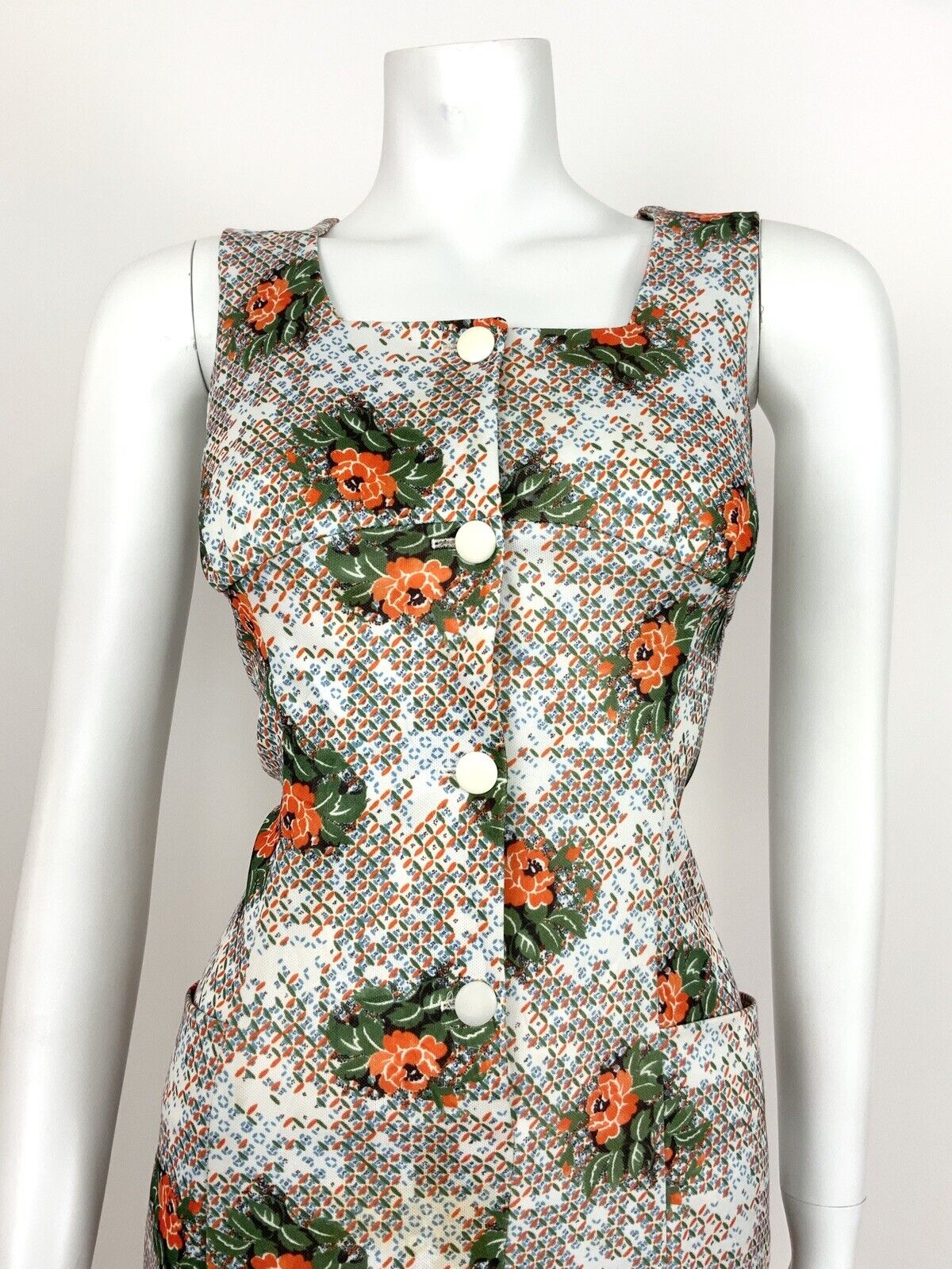 VTG 60s 70s ABSTRACT FLORAL WHITE GREEN ORANGE BLUE EMPIRE DRESS 12