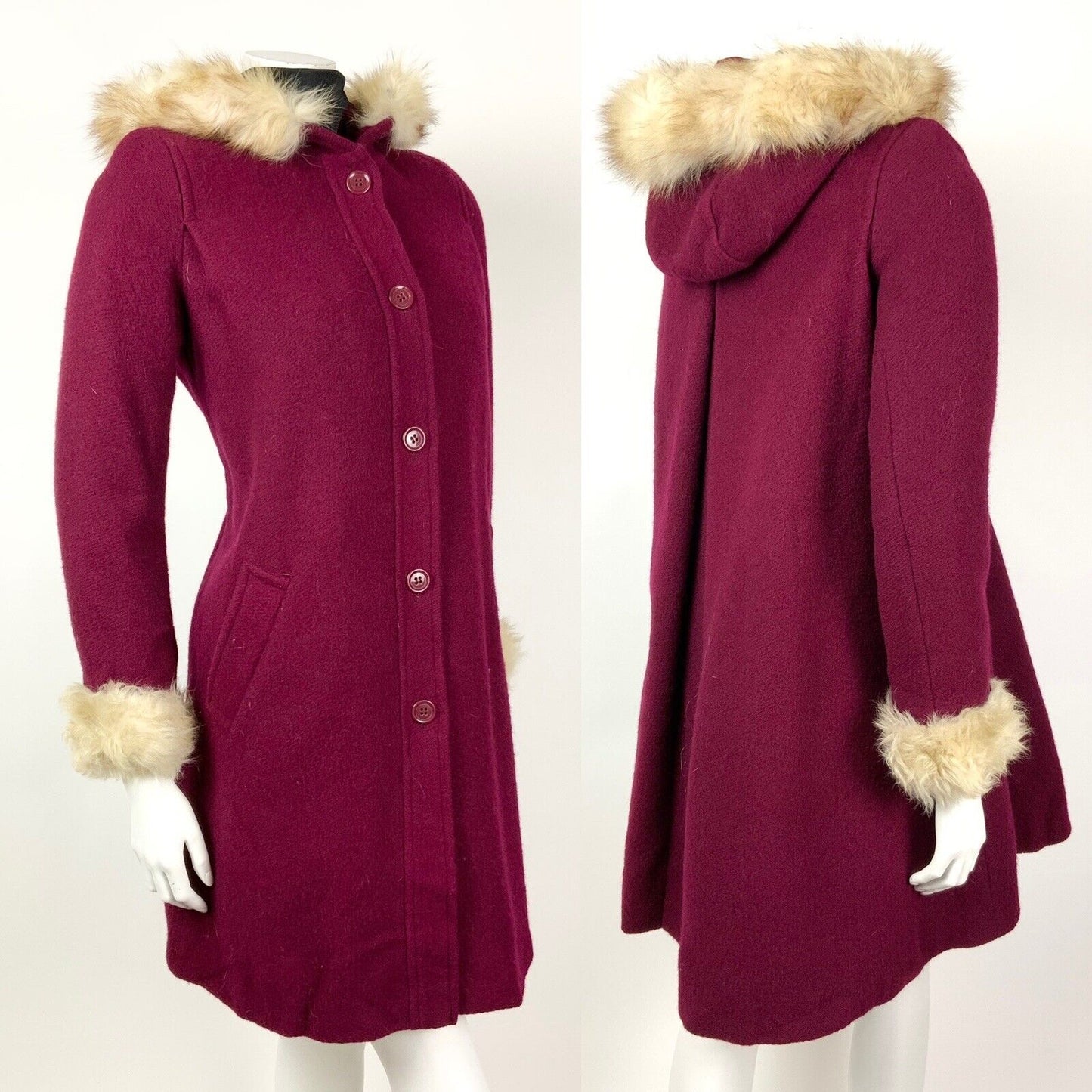VINTAGE 60s 70s RASPBERRY RED HOODED WHITE FUR TRIM MOD SWING COAT 12 14 16