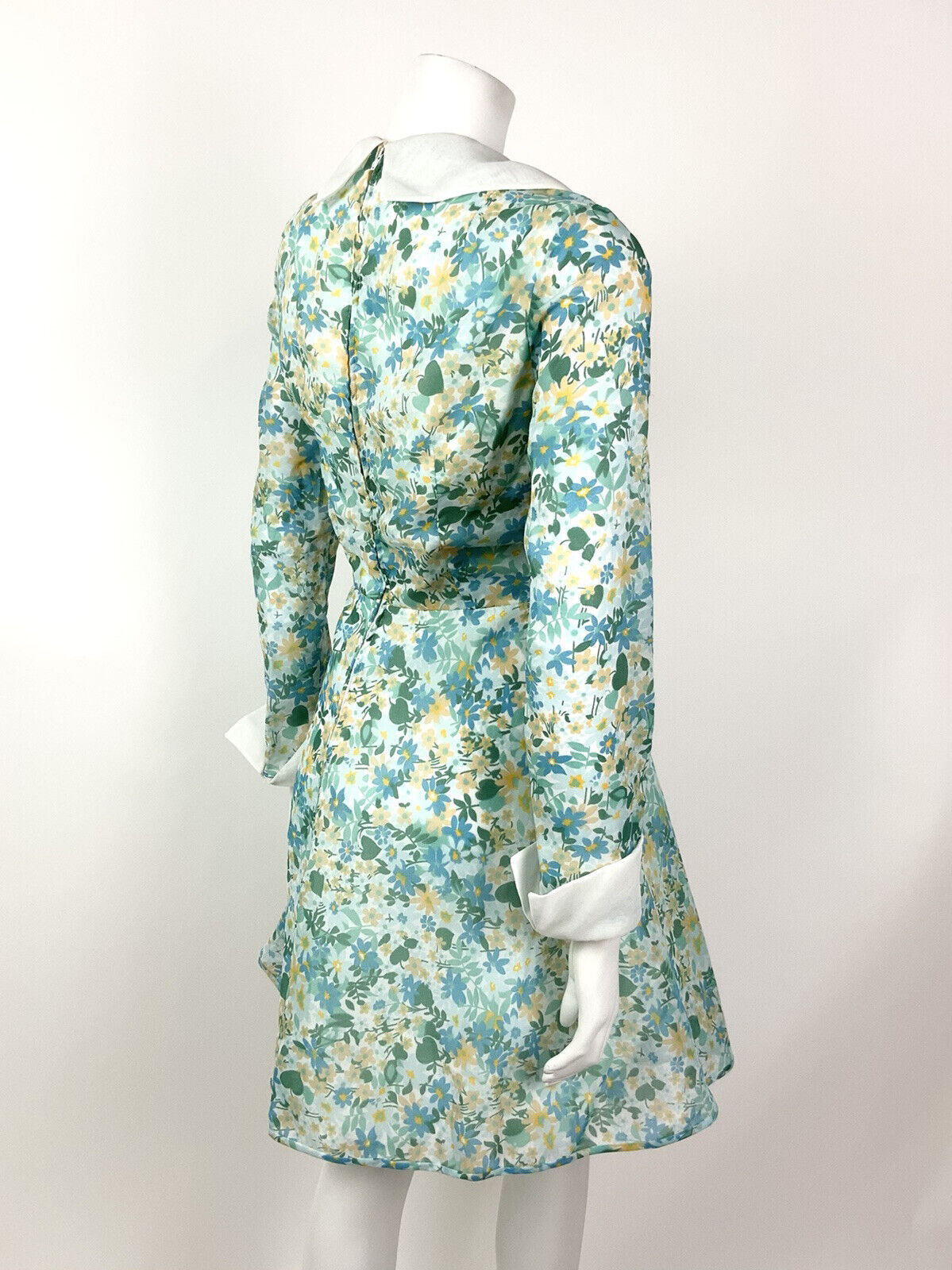 VINTAGE 60s 70s GREEN BLUE BEIGE FLORAL DITSY MOD SHEER SHIRT DRESS 10 12
