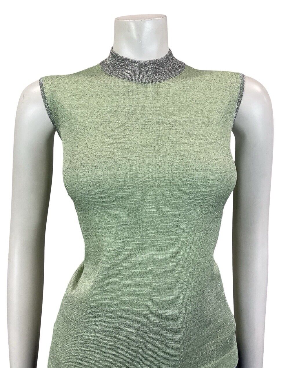 VTG 60S MOD GOGO PASTEL GREEN SILVER LUREX HIGH NECK BOXY PARTY TANK TOP 10
