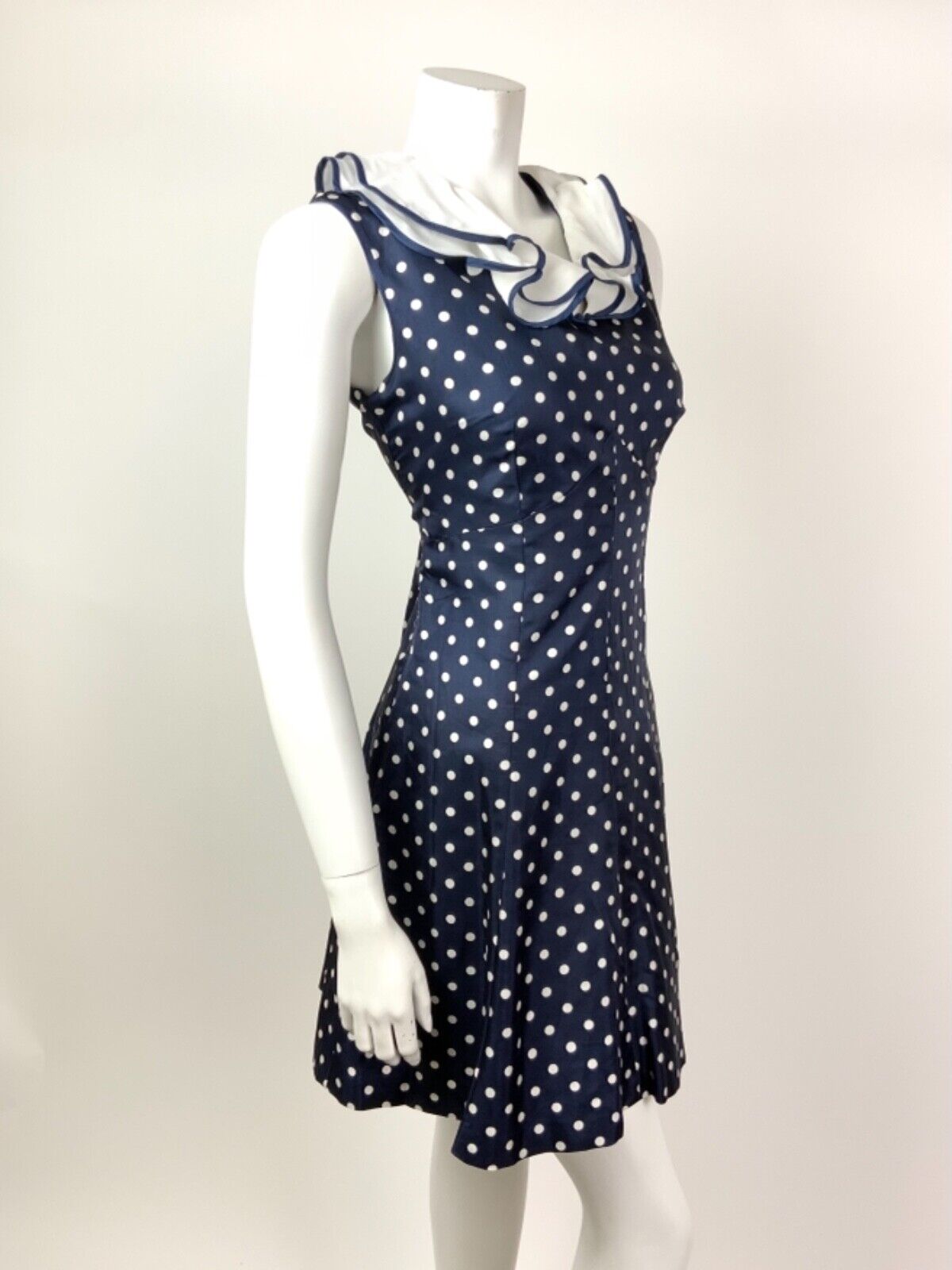 VINTAGE 60s 70s NAVY BLUE WHITE POLKA-DOT RUFFLED SLEEVELESS MOD DRESS 10 12