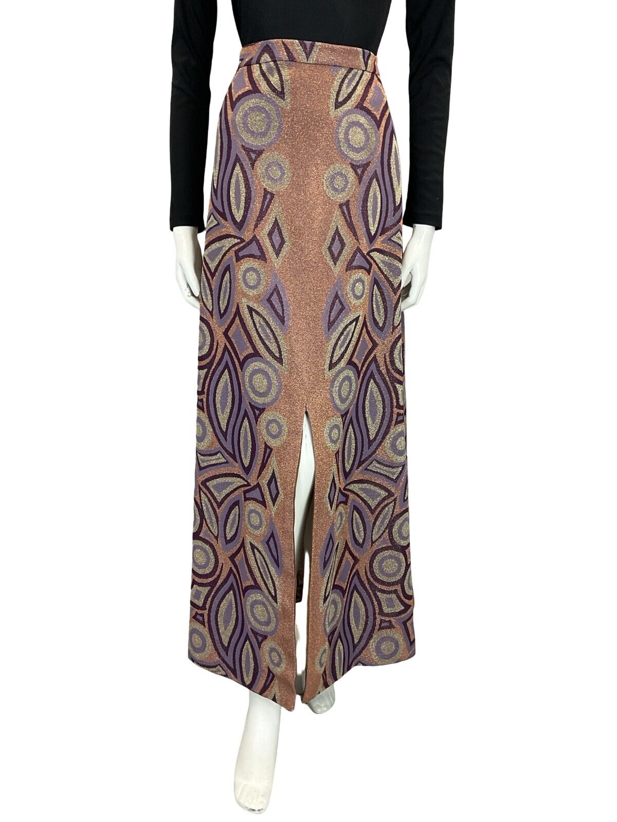 VTG 60S 70S GEOMETRIC PLUM PINK SILVER LUREX GLITTERY MAXI SKIRT WITH SLIT 12