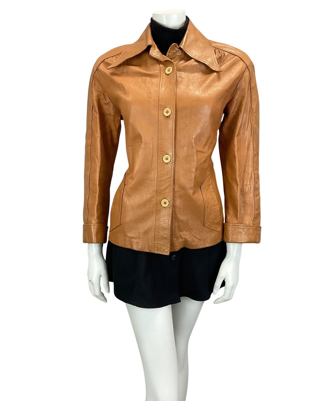 VTG 60s 70s DARK ORANGE TAN BROWN DAGGER COLLAR LEATHER MOD BIKER JACKET 12 14