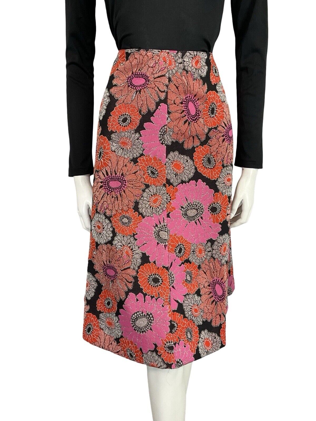 VTG 60S 70S VIBRANT RED PINK SILVER BLACK FLORAL CIRCLE MIDI PARTY SKIRT 12