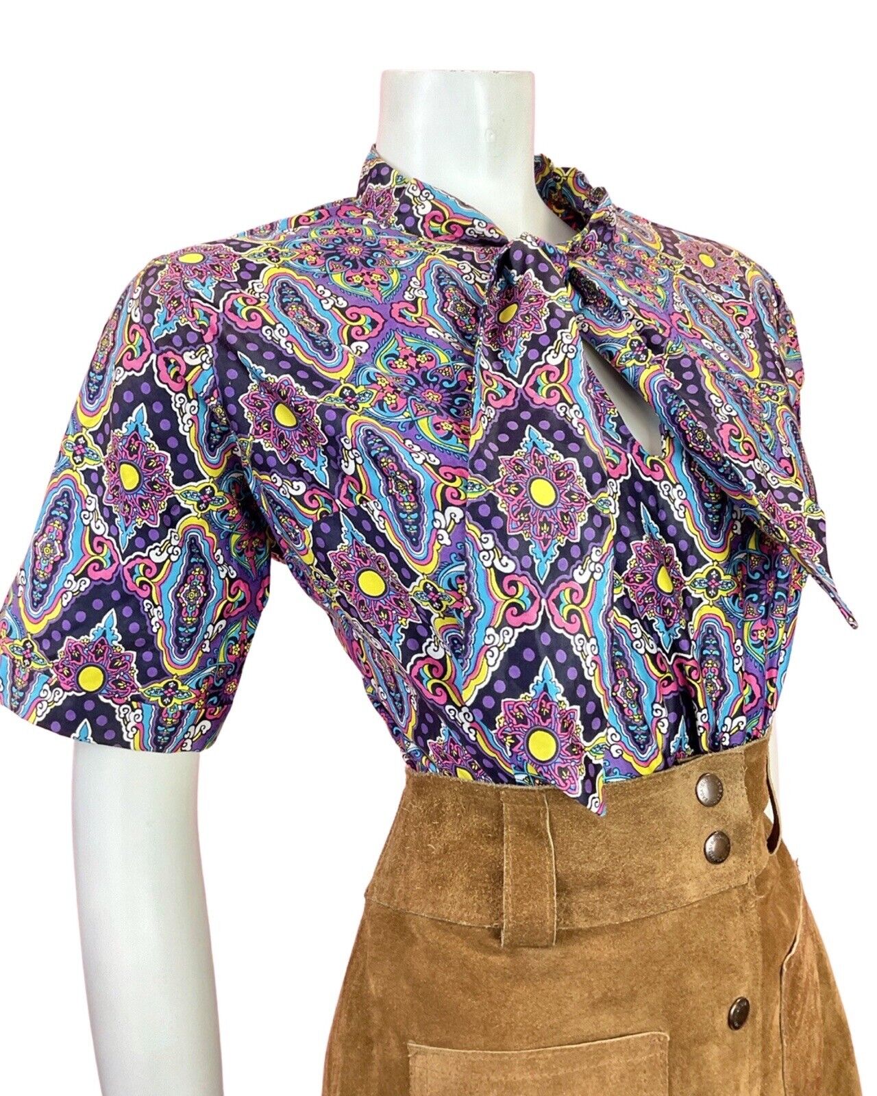VTG 60s 70s PURPLE BLUE YELLOW PINK PSYCHEDELIC FLORAL PUSSYBOW BLOUSE TOP 16 18