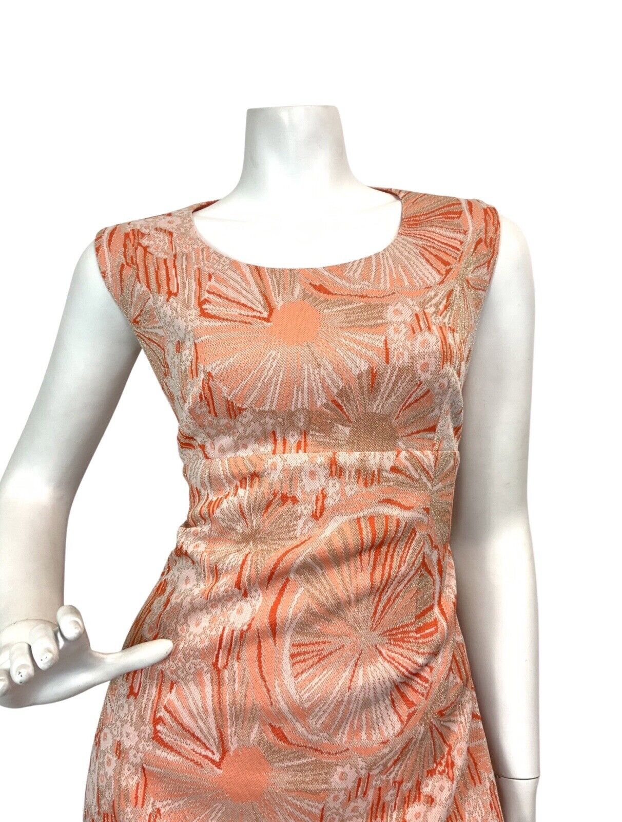 VINTAGE 60s 70s ORANGE WHITE GOLD PSYCHEDELIC FLORAL MOD LUREX MAXI DRESS 10 12