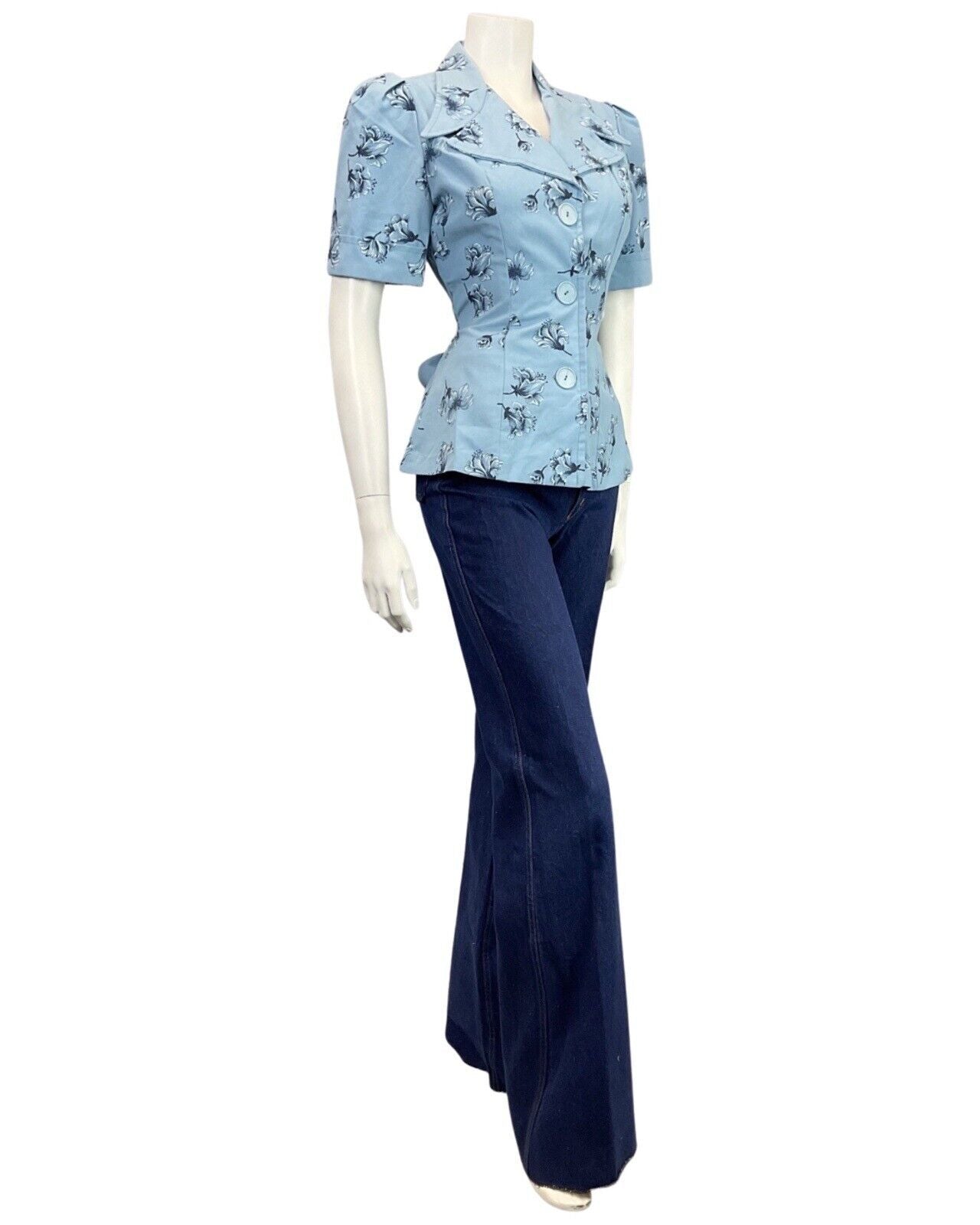 VINTAGE 70s DOES 40S BLUE NAVY FLORAL BELTED MOD BLOUSE TOP 10