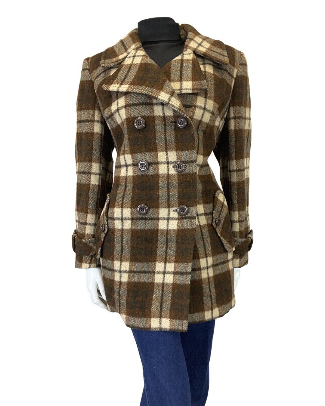 VINTAGE 60s 70s BROWN CREAM PLAID CHECKED MOD WOOL COAT 14 16