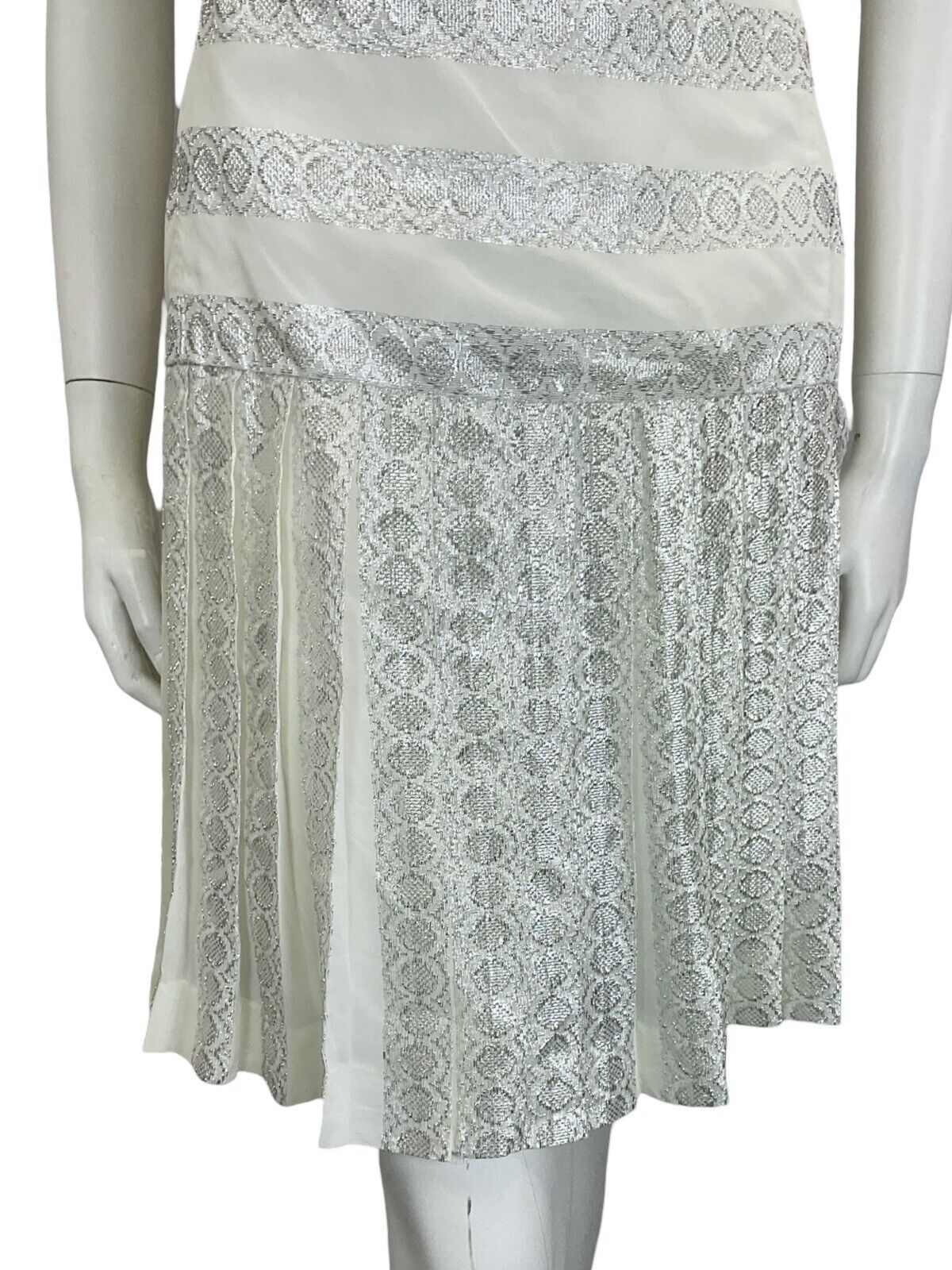 VTG 60S WHITE SILVER METALLIC RIBBON DROPPED WAIST PLEATED PARTY MIDI DRESS 14