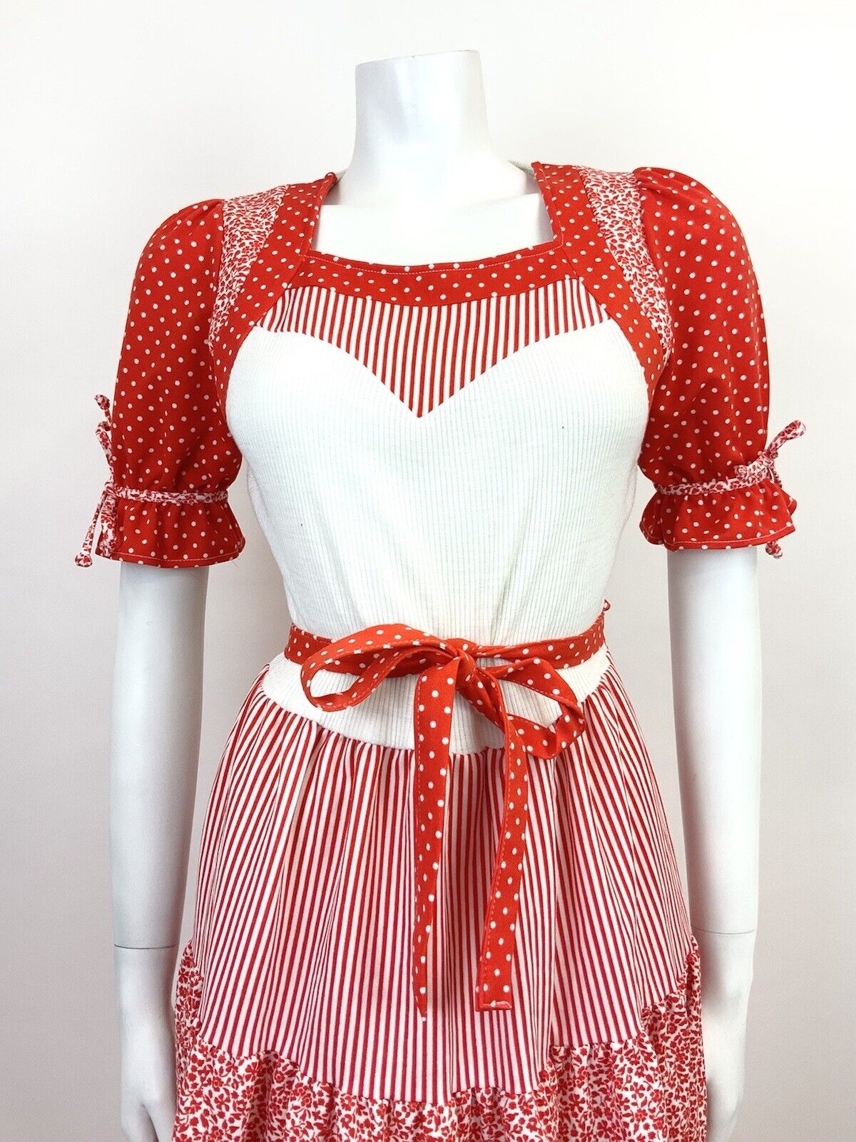 VTG 60s 70s RED WHITE STRIPE DOTTY FLORAL PRAIRIE FOLK PUFF SLEEVE DRESS 10 12