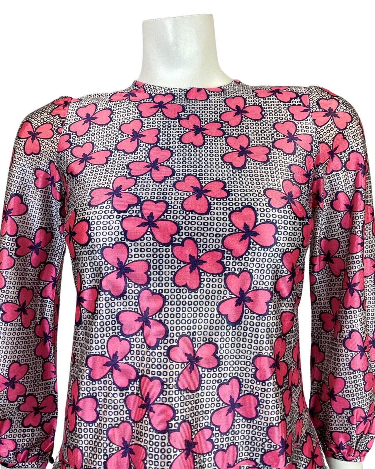 VINTAGE 60s STYLE 90s WHITE BLUE PINK GEOMETRIC FLORAL MOD DROP-WAIST DRESS 4