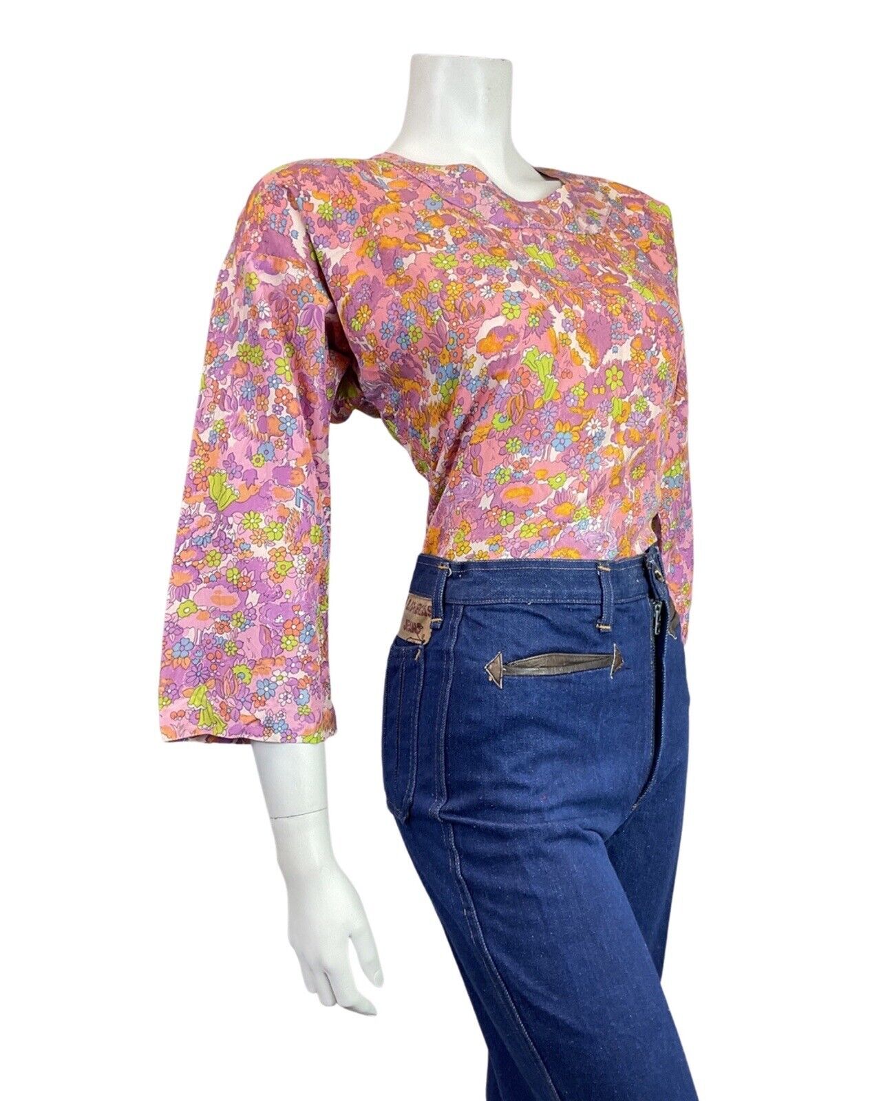 VINTAGE 60s 70s PINK PURPLE GREEN DITSY FLOWER PSYCHEDELIC BLOUSE TOP 14