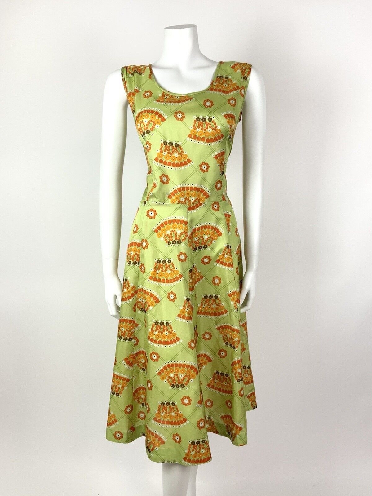 VINTAGE 60s 70s LIME GREEN ORANGE BROWN CHECKED FLORAL FAN MOD DRESS 12 14