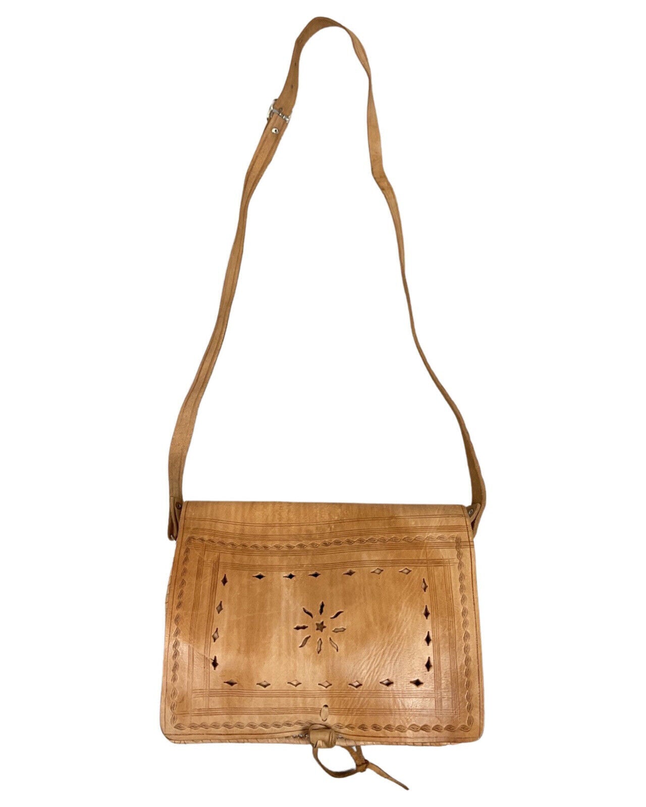 VINTAGE 60s 70s TAN BROWN STAMPED DIAMOND STAR CUT-OUT BOHO MOD SHOULDER BAG
