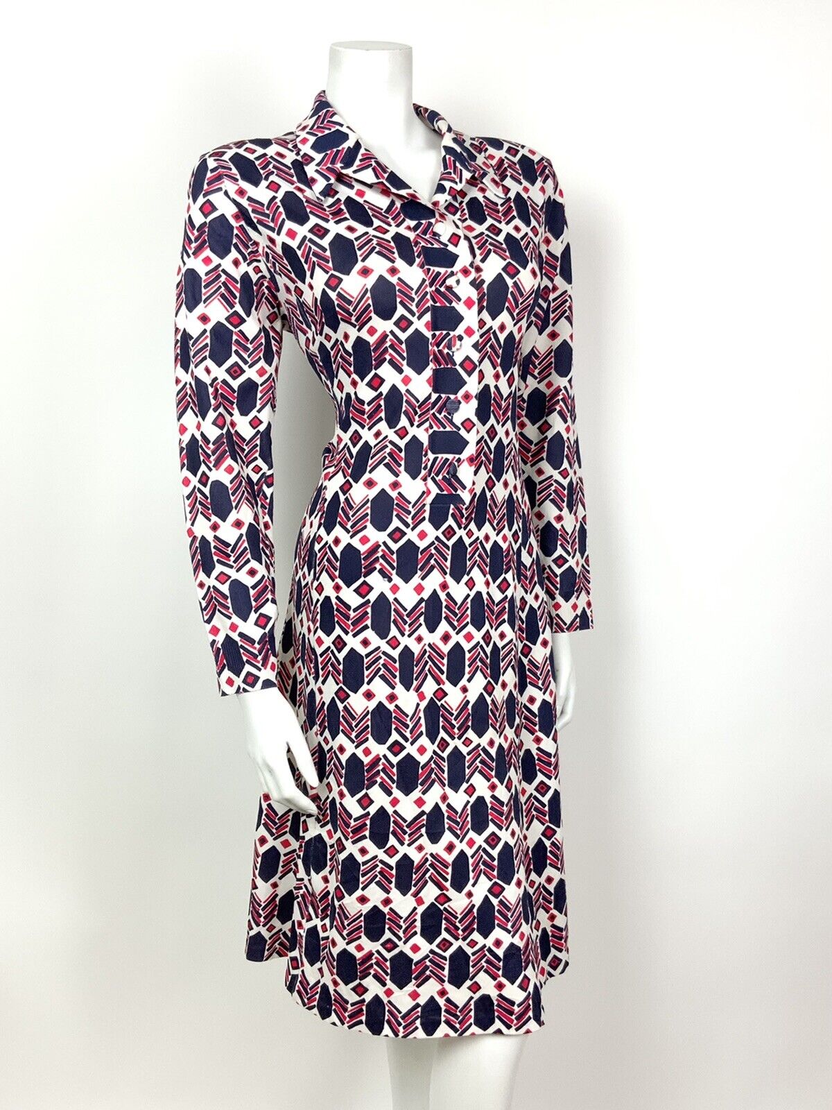 VINTAGE 60s 70s WHITE BLUE RED GEOMETRIC DAGGER COLLAR MOD SHIRT DRESS 14 16