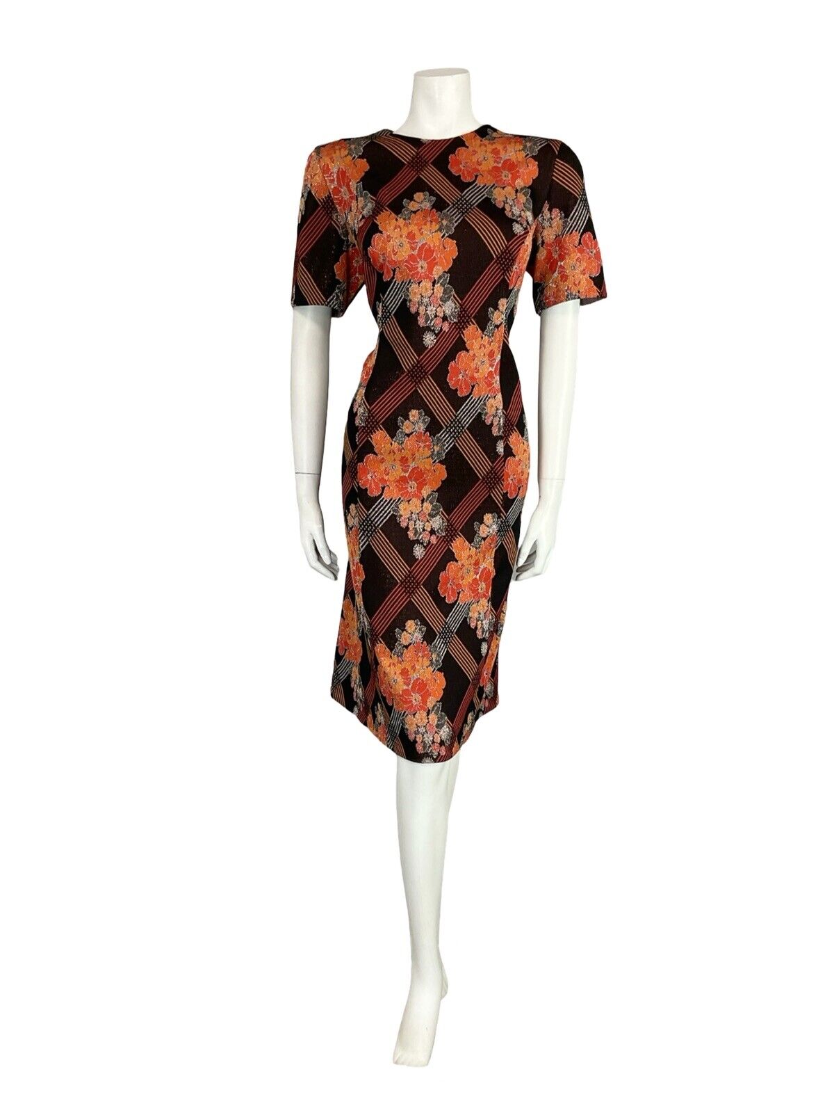 VTG MOD 60S BLACK ORANGE SILVER GLITTER FLORAL CHECKED PARTY MIDI DRESS 16