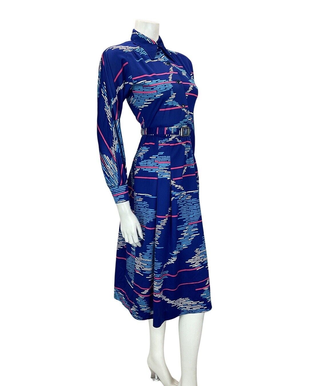 VINTAGE 60s 90s ROYAL BLUE PINK STRIPED GEOMETRIC MOD DAGGER SHIRT DRESS 8