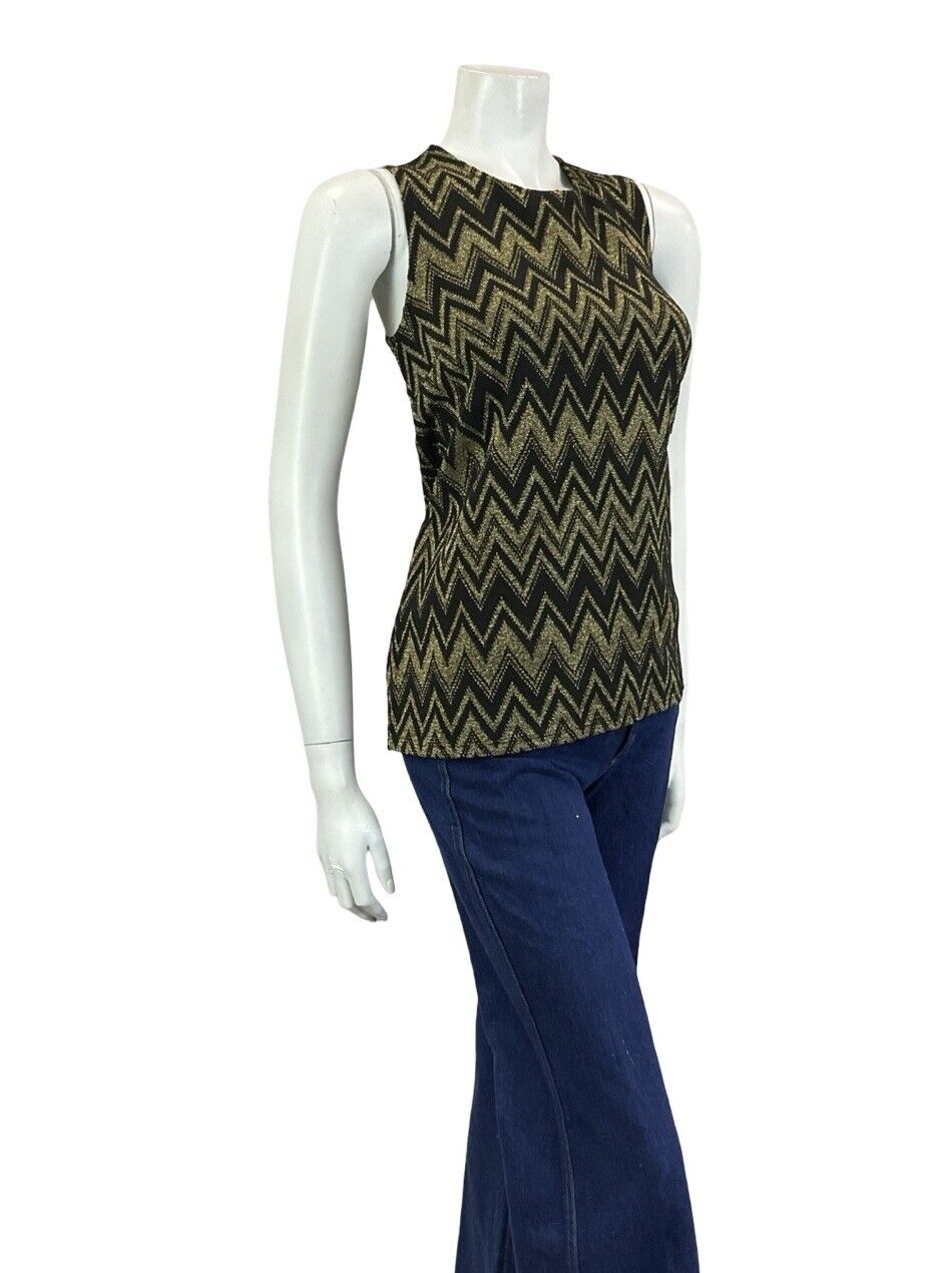 VTG 70S BLACK GOLD GEOMETRIC ZIG ZAG CHEVRON METALLIC DISCO PARTY TANK TOP 8