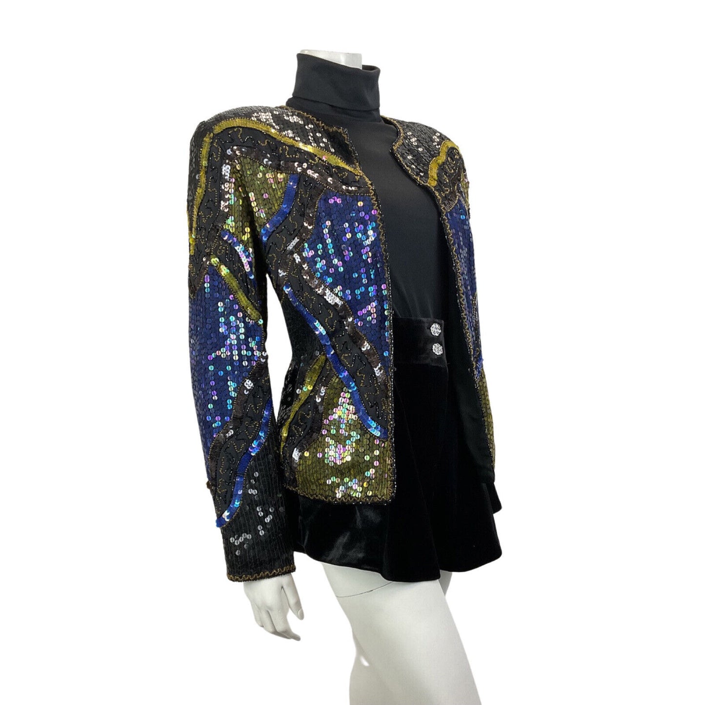 VINTAGE 70s 80s BLACK BLUE GOLD GEOMETRIC WAVY DISCO GLAM TROPHY JACKET 14 16