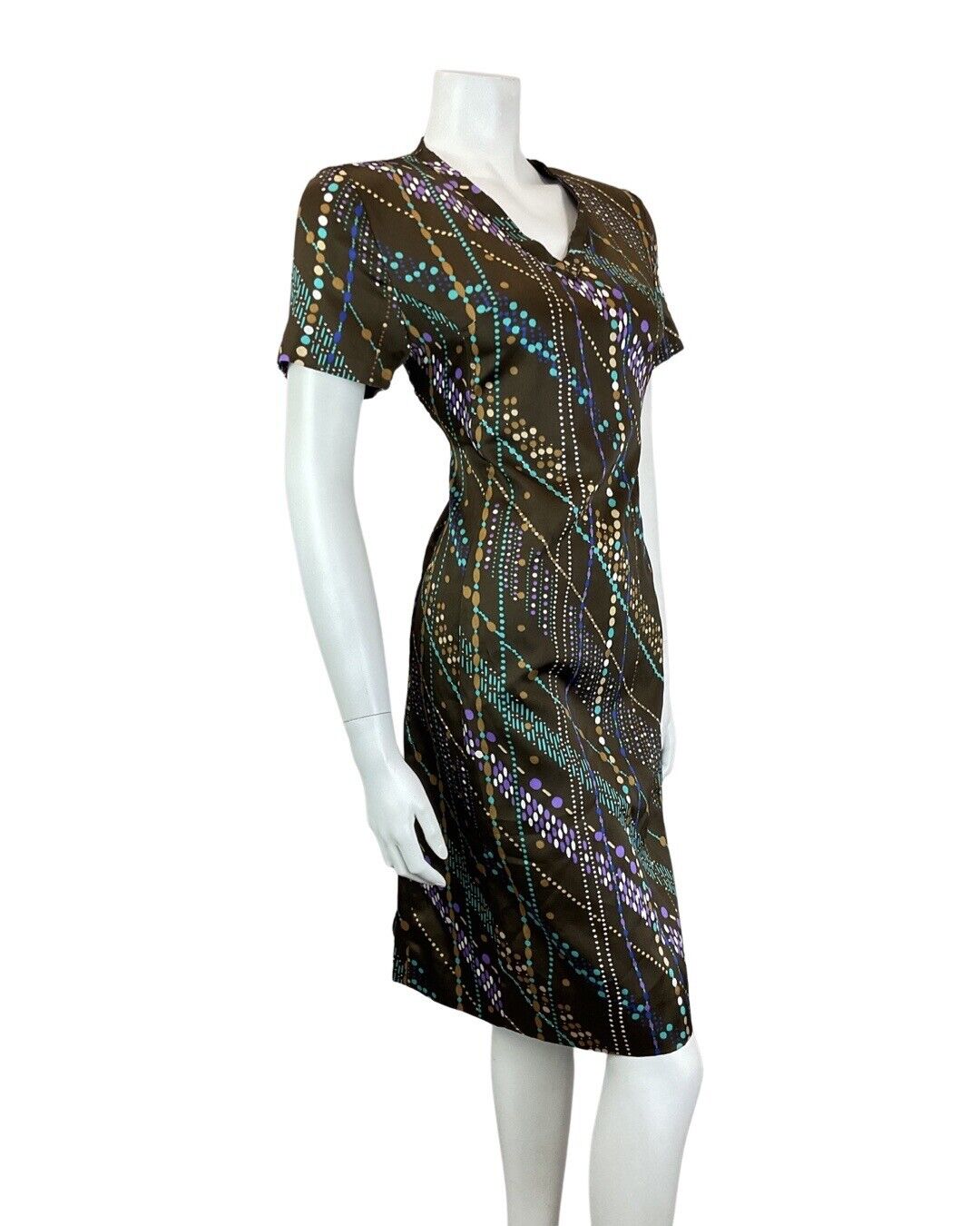 VINTAGE 60s 70s BROWN BLUE PURPLE BEAD REED DOTTY MOD SHORT SLEEVE DRESS 12