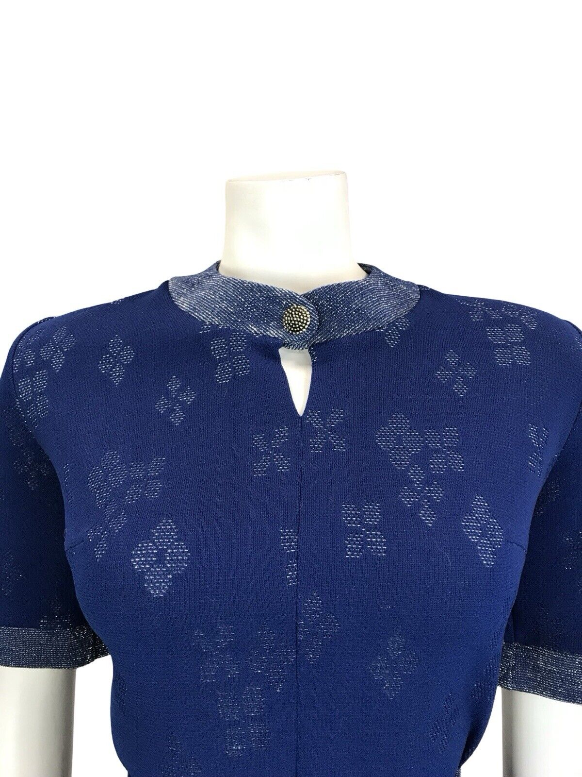 VTG 60S GLITTERY NAVY BLUE SILVER LUREX METALLIC KEYHOLE BELTED MIDI DRESS 12