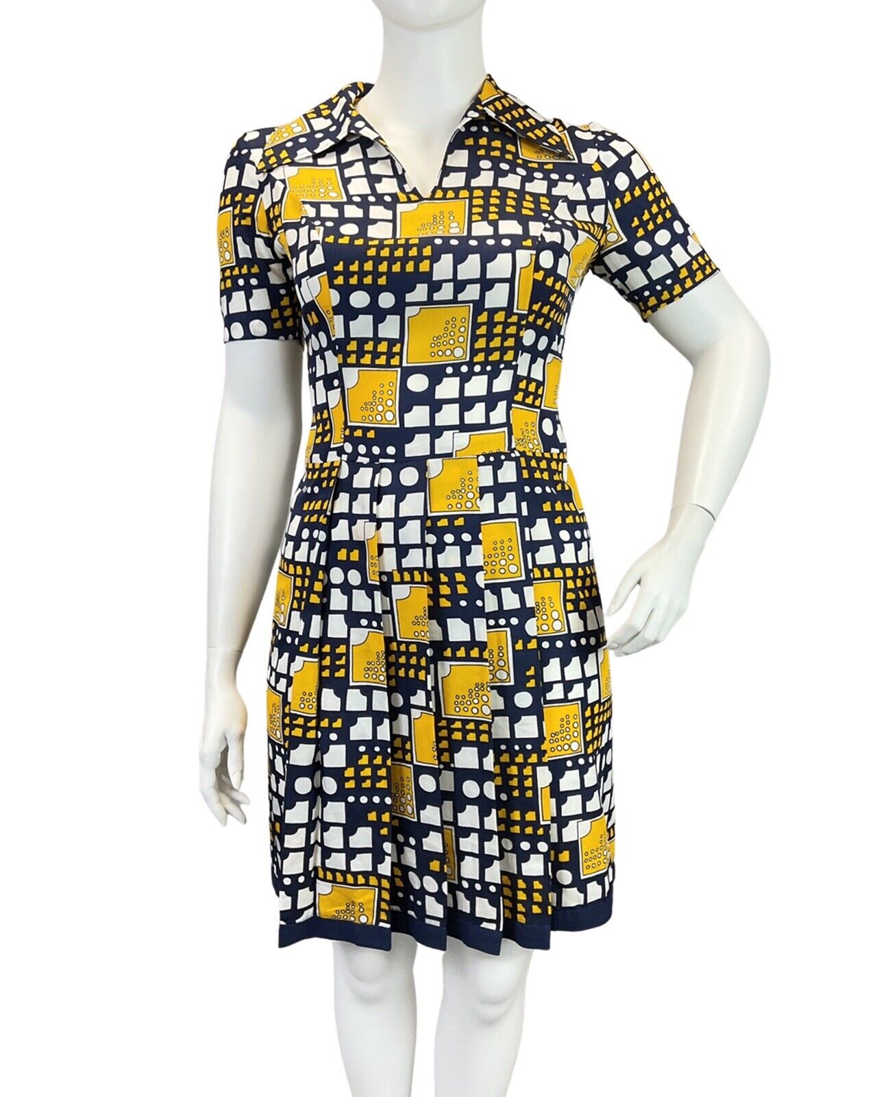 VINTAGE 60s 70s NAVY BLUE WHITE YELLOW GEOMETRIC MOD PLEATED DAGGER DRESS 16
